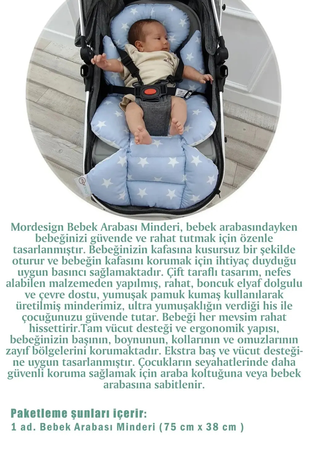 Mordesign Bebek Arabası Minderi, Bel Destekli, Çift Taraflı, Big Stars Seri