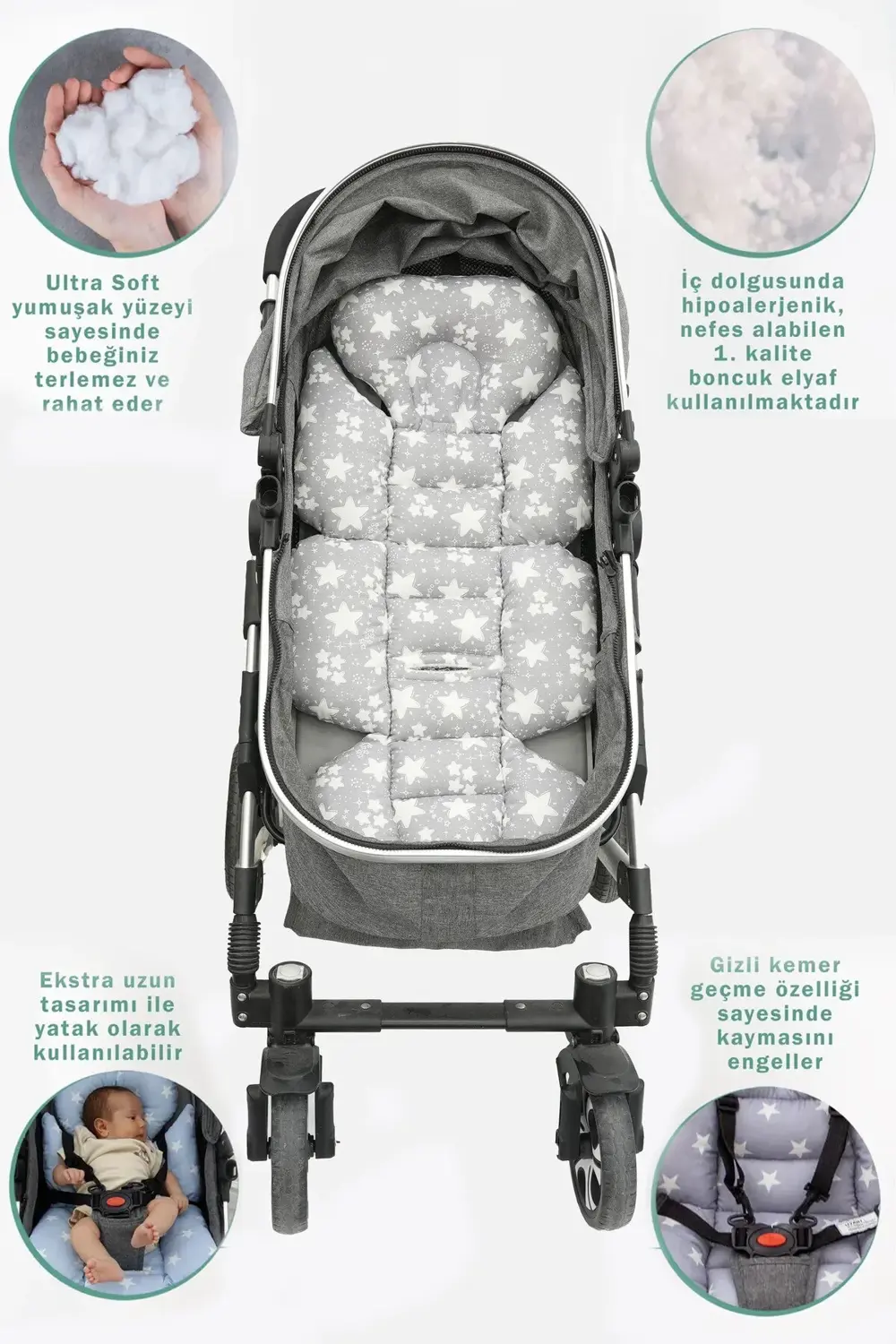 Mordesign Bebek Arabası Minderi, Bel Destekli, Çift Taraflı, Big Stars Seri
