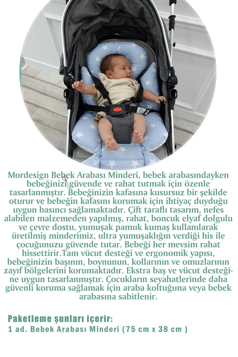 Mordesign Bebek Arabası Minderi, Bel Destekli, Çift Taraflı, Stars Serisi,
