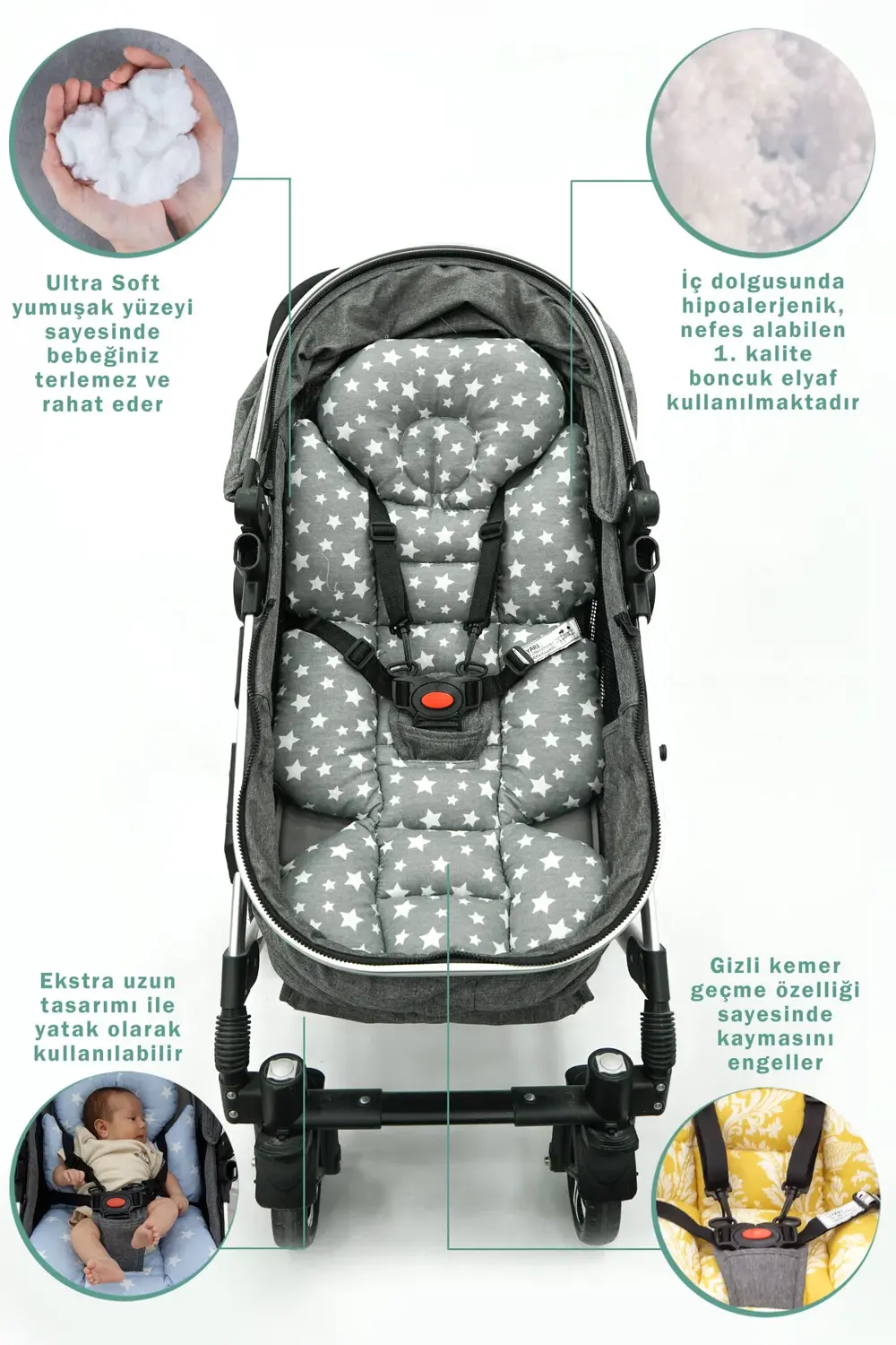 Mordesign Bebek Arabası Minderi, Bel Destekli, Çift Taraflı, Stars Serisi,