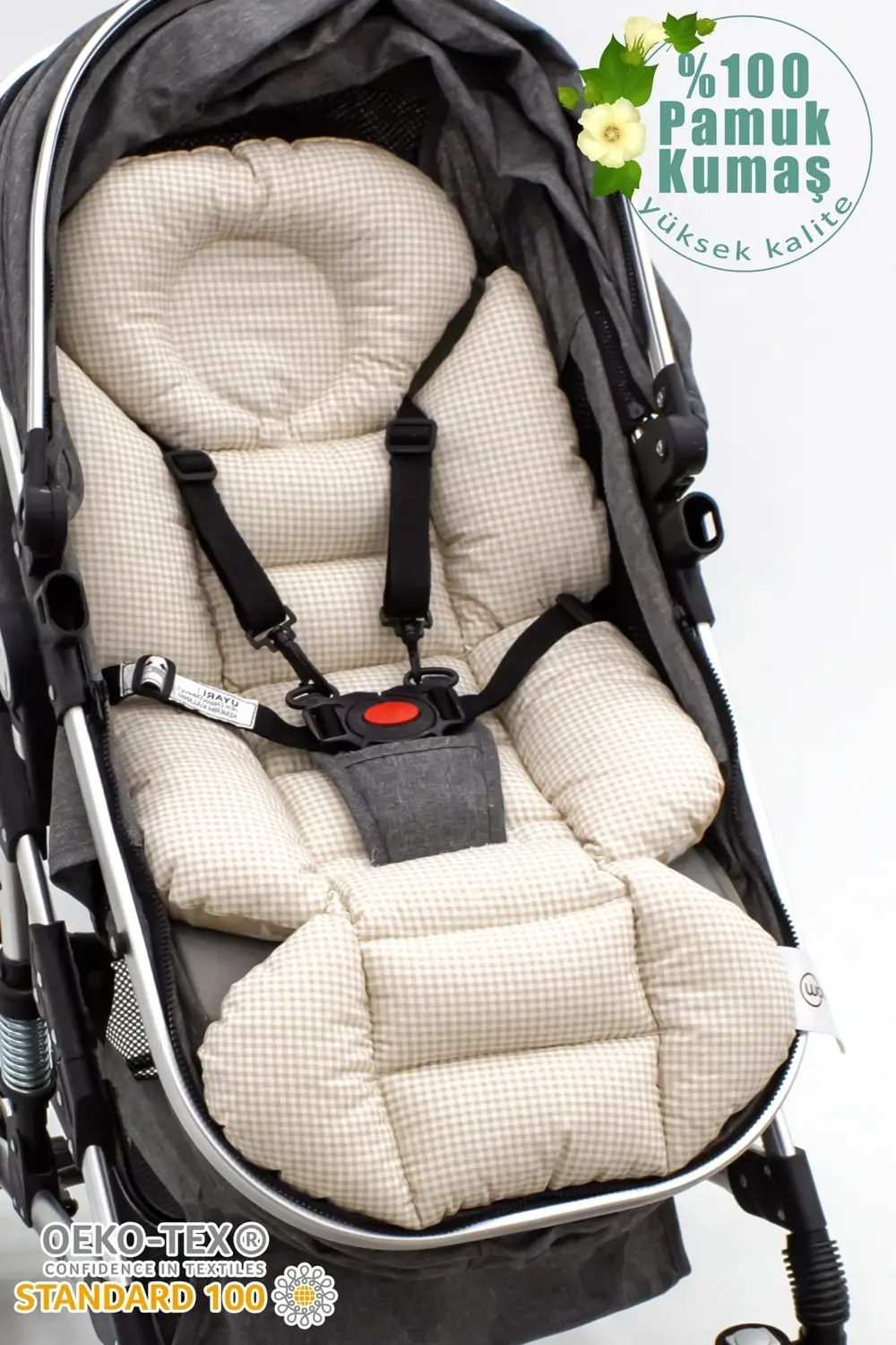 Mordesign Bebek Arabası Minderi, Bel Destekli, Ekose Desen, Kahverengi