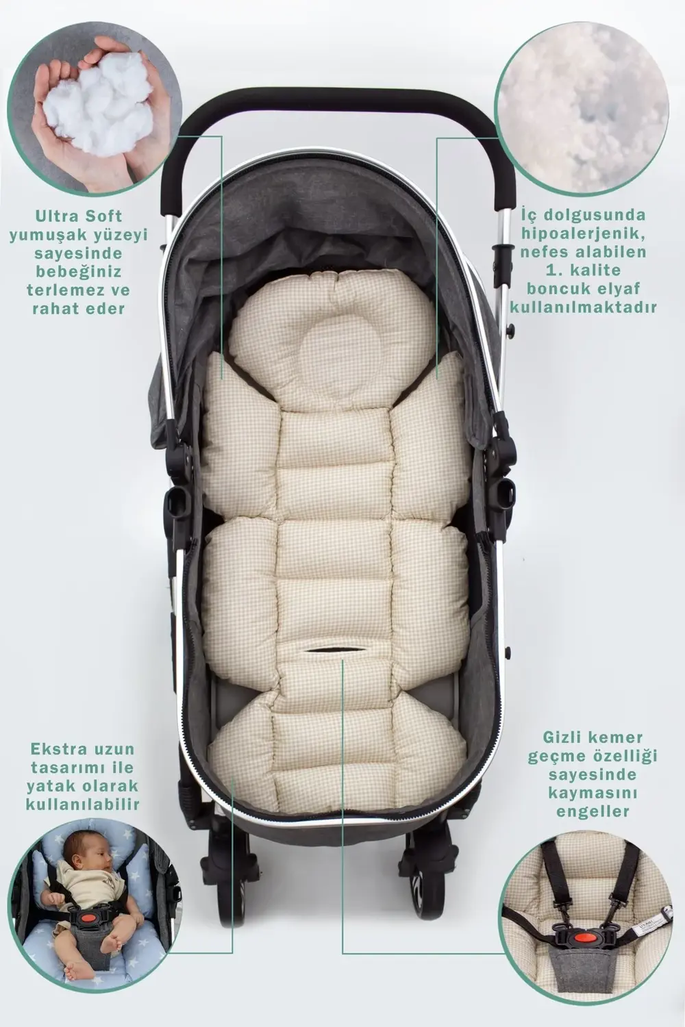 Mordesign Bebek Arabası Minderi, Bel Destekli, Ekose Desen, Kahverengi