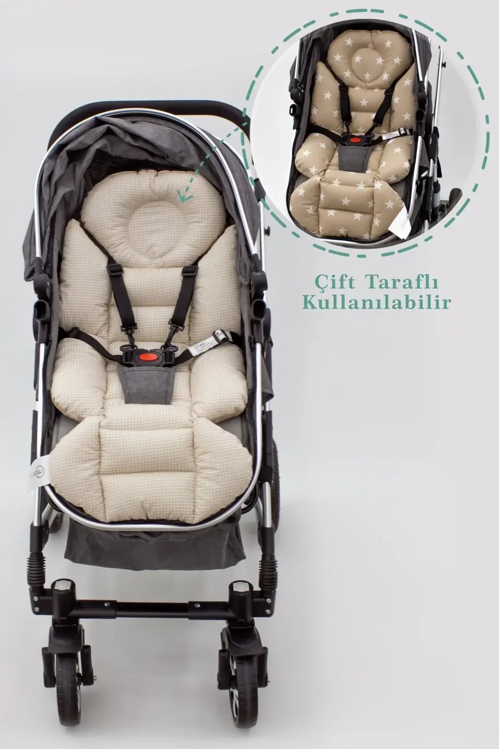 Mordesign Bebek Arabası Minderi, Bel Destekli, Ekose Desen, Kahverengi