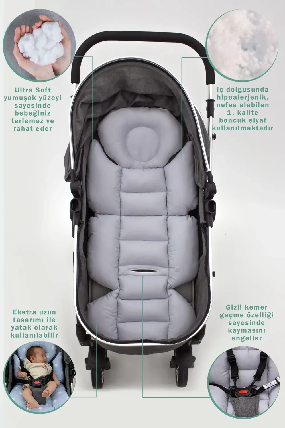 Mordesign Bebek Arabası Minderi, Bel Destekli, Plain Desen, Çift Taraflı, G