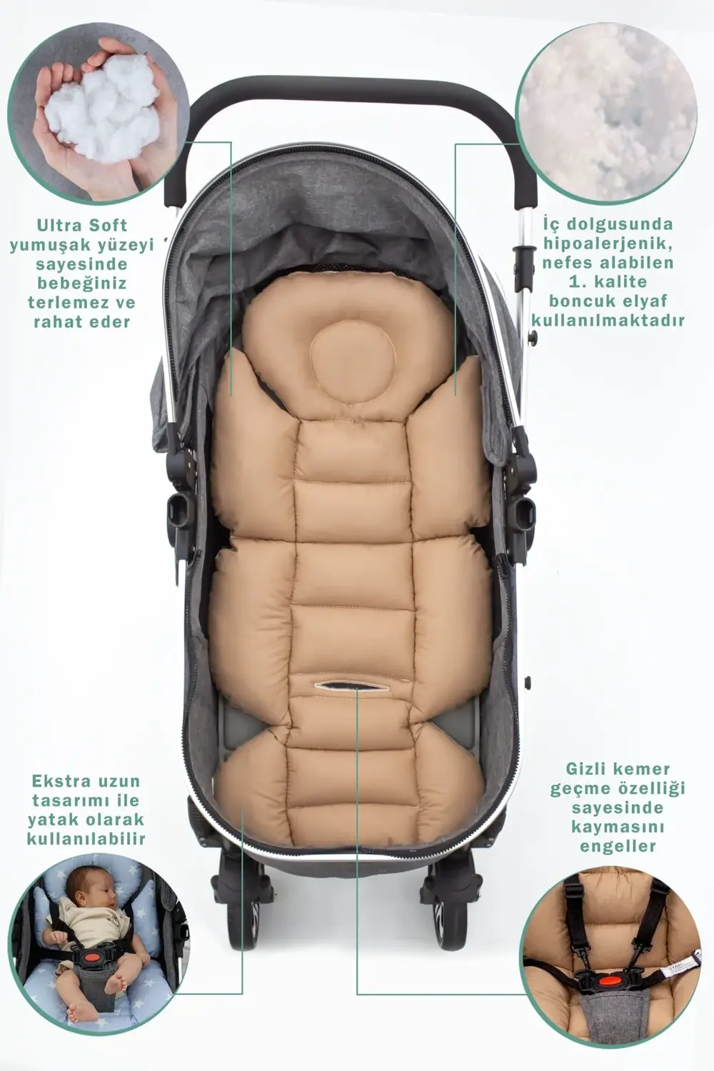 Mordesign Bebek Arabası Minderi, Bel Destekli, Plain Desen, Çift Taraflı, K