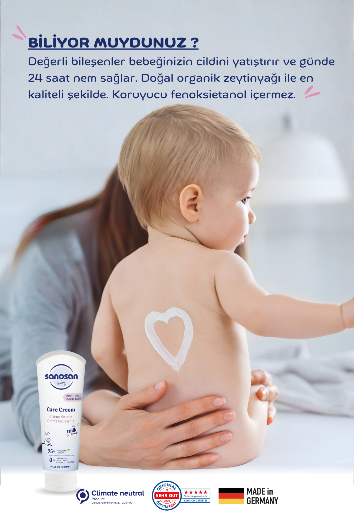 Bebek Bakım Kremi 100 ml - Doğal Süt Proteinli 24 Saat Yüz ve Vücut Nemlendirici Bakım