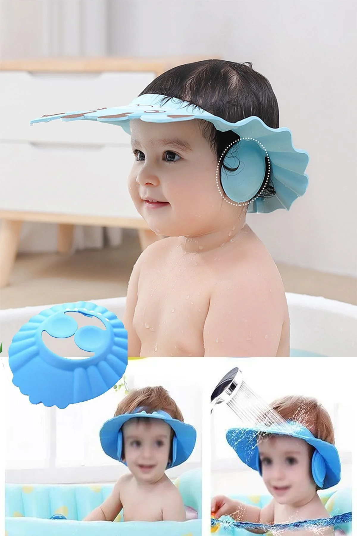 Bebek Banyo Şapkası Düğmeli Kulaklıklı Bebek Yıkama Şapkası Bebek