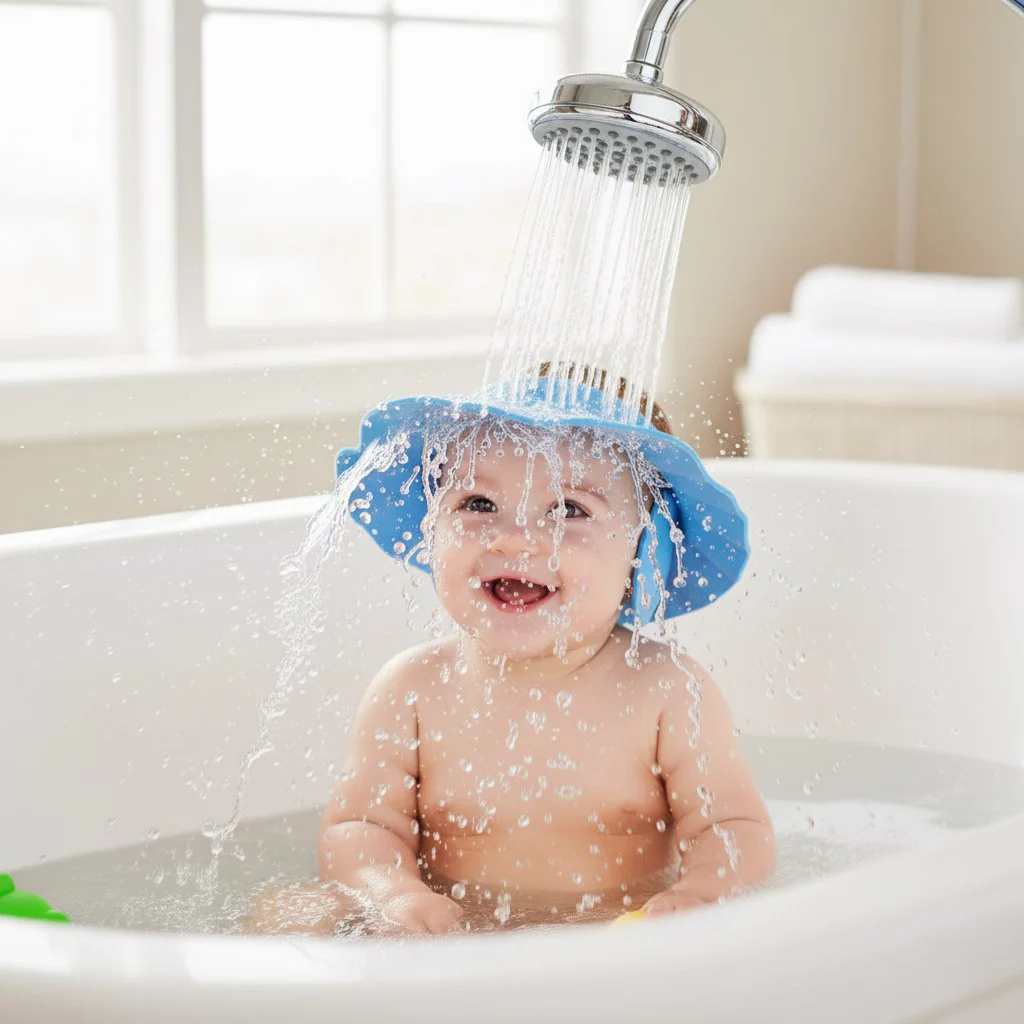 Bebek Banyo Şapkası Mavi Kulaklıklı ve Düğmeli, Su ve Köpük Korum Bebek Banyo Şapkası Mavi Kulaklıklı ve Düğmeli, Su ve Köpük Korum
