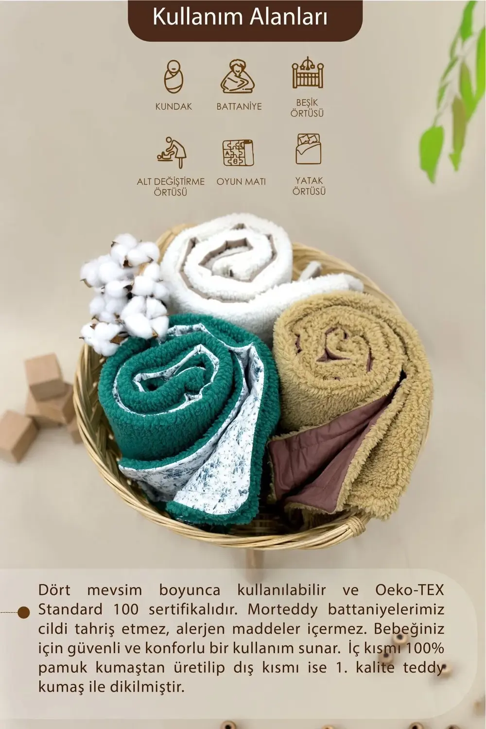 Bebek Battaniyesi, Çift Taraflı Kullanım, Teddy Kumaş Bebek Beşik