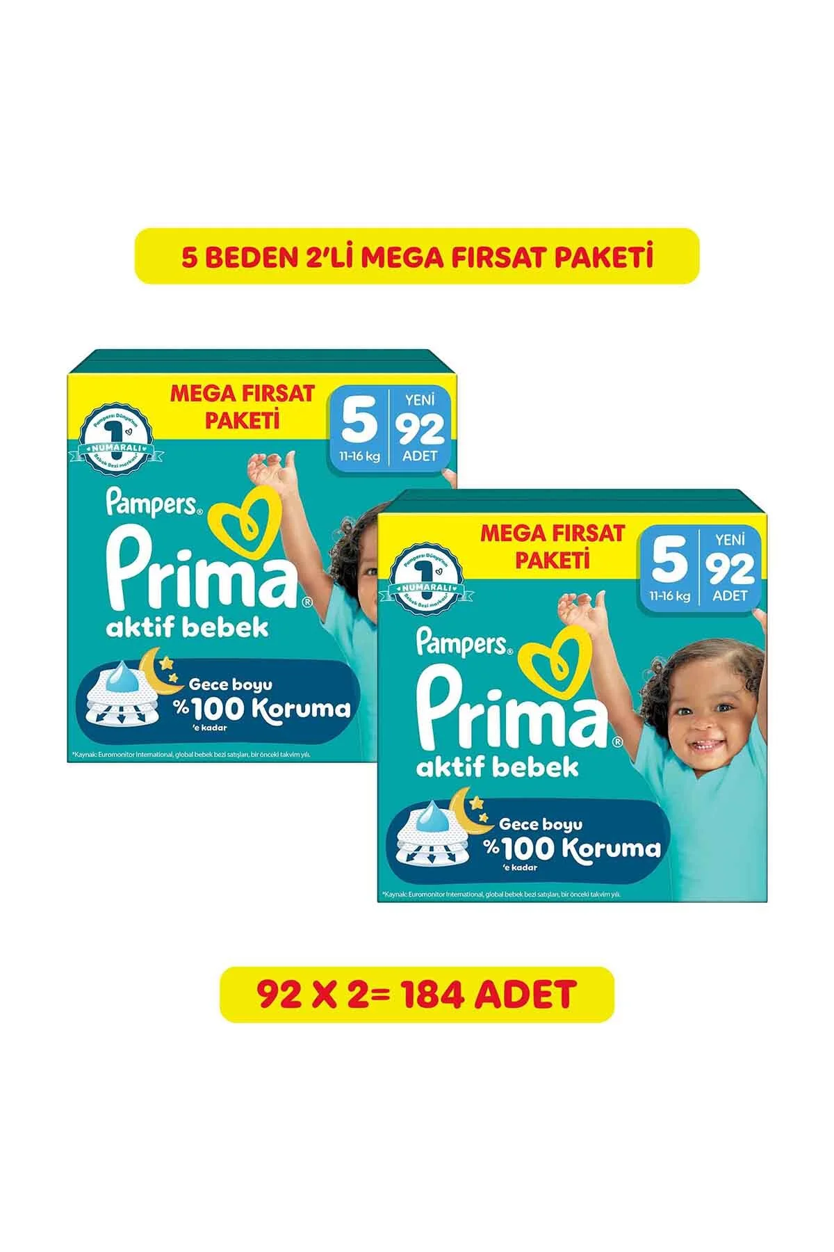 Bebek Bezi Aktif Bebek Mega Fırsat Paketi 5 Numara 92'li 2 Paket (184 Adet) Bebek Bezi Aktif Bebek Mega Fırsat Paketi 5 Numara 92'li 2 Paket (184 Adet)