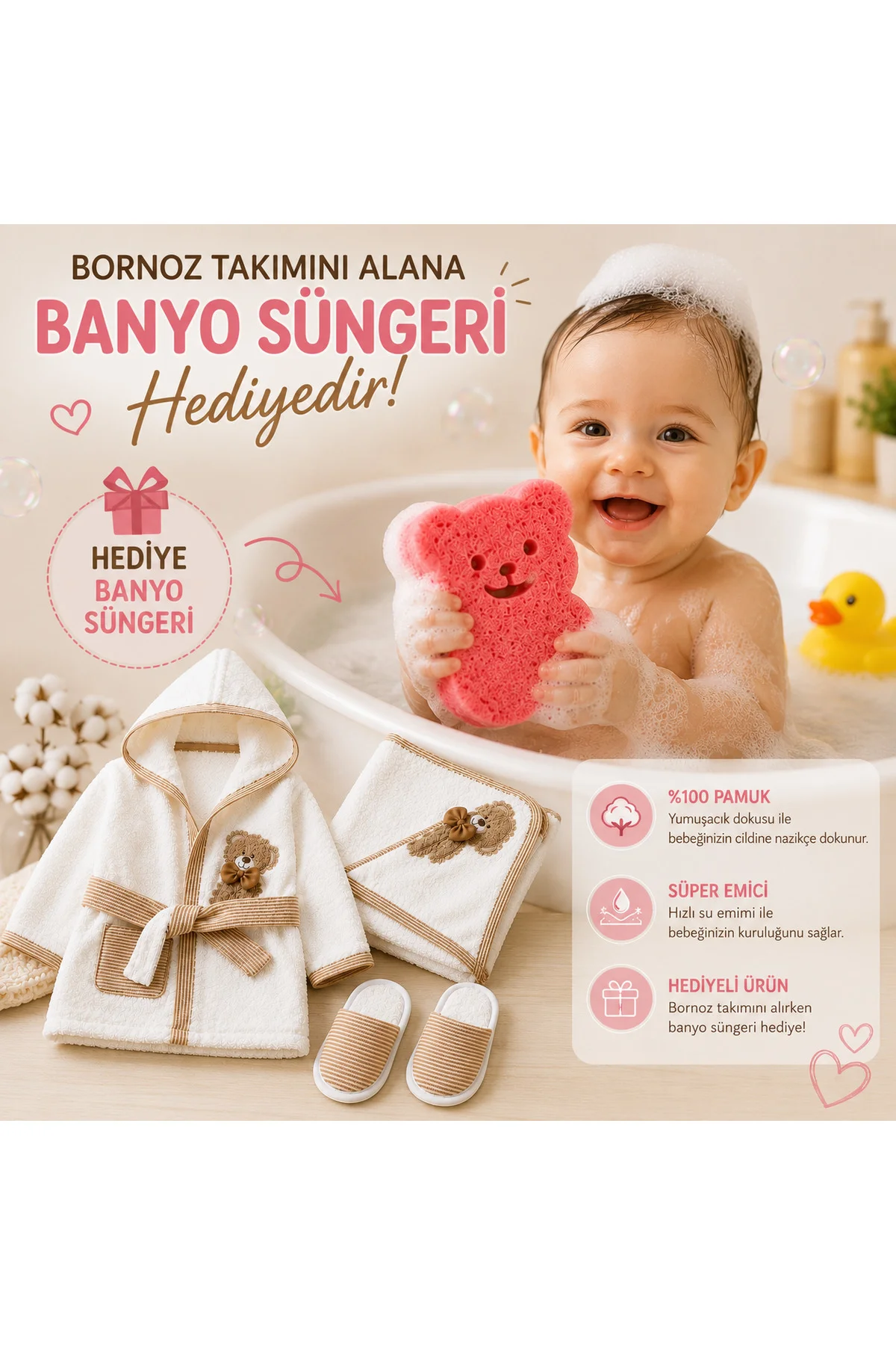 Bebek Bornoz Seti %100 Pamuk 0-1 Yaş Kapüşonlu yenidogan ayıcık nakişli Bornoz Havlu Terlik Kese + 4 Renkli Banyo Süngeri Hediyeli