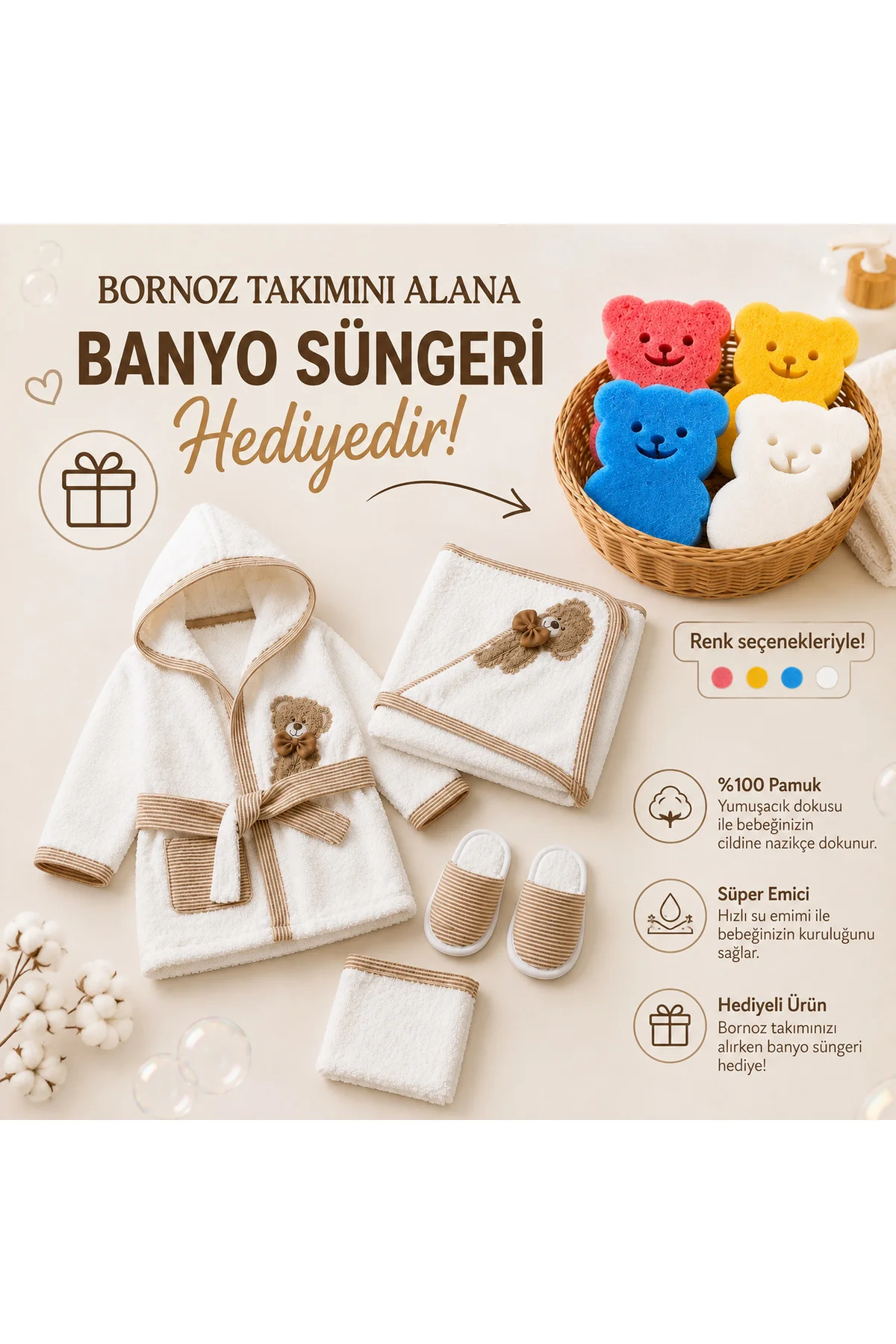 Bebek Bornoz Seti %100 Pamuk 0-1 Yaş Kapüşonlu yenidogan ayıcık nakişli Bornoz Havlu Terlik Kese + 4 Renkli Banyo Süngeri Hediyeli