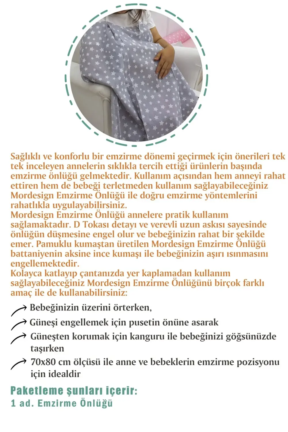 Bebek Emzirme Örtüsü / Önlüğü, Stars Serisi, Gri