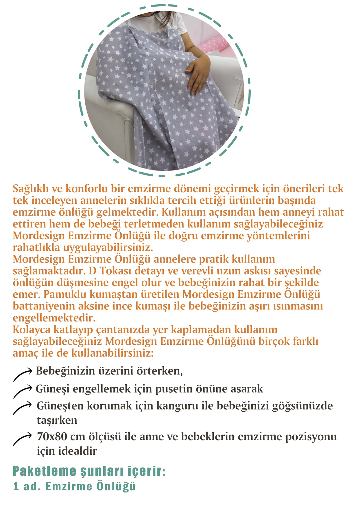 Bebek Emzirme Örtüsü / Önlüğü, Stars Serisi, Gri