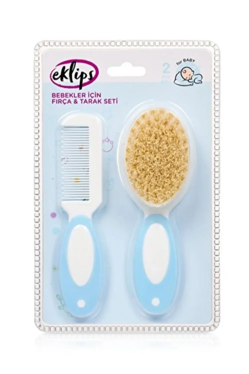 Bebek Fırça Tarak Seti (Mavi) – Doğal Kıllı, Nazik ve Güvenli Saç