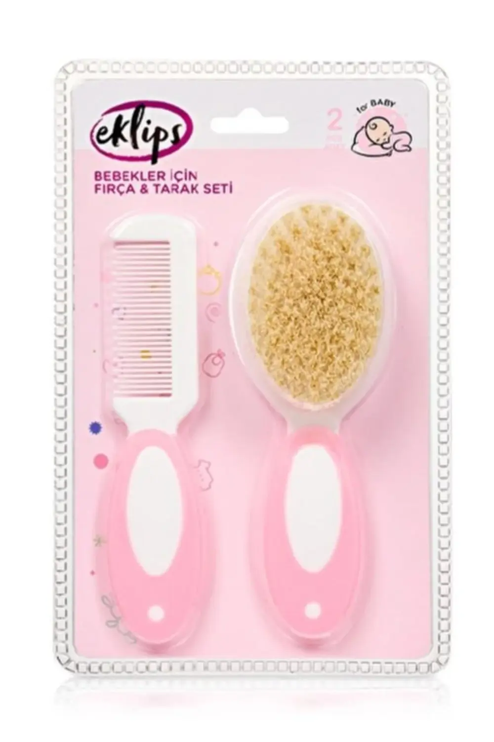 Bebek Fırça Tarak Seti (Pembe) – Doğal Kıllı, Nazik ve Güvenli Sa