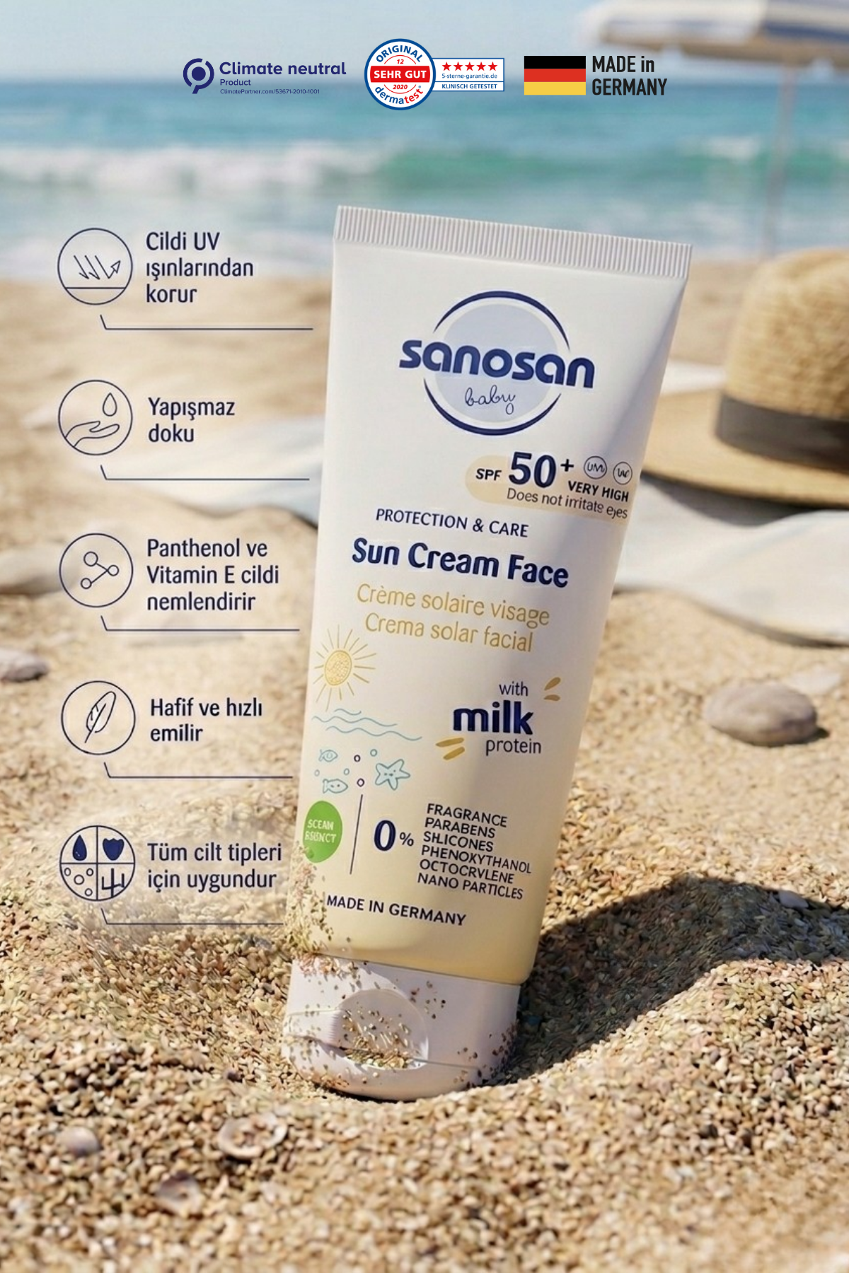 Bebek Güneş Yüz Kremi SPF 50+ 30 ml – Hassas Ciltler İçin Yüksek Koruma ve Hızlı Emilen Bakım