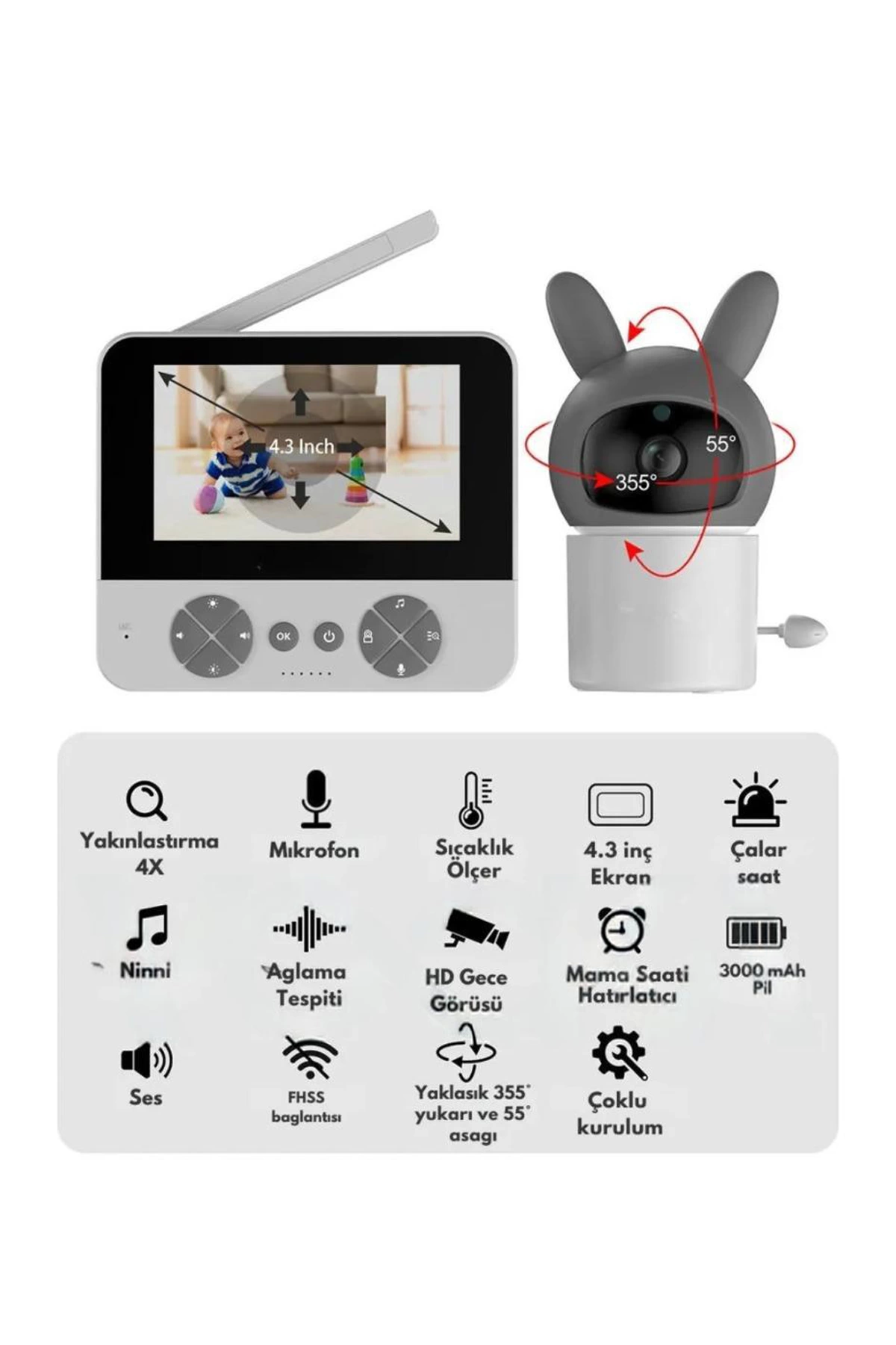 Bebek Kamerası Kumandalı Monitörlü Karşılıklı Konuşma Özellikli ,