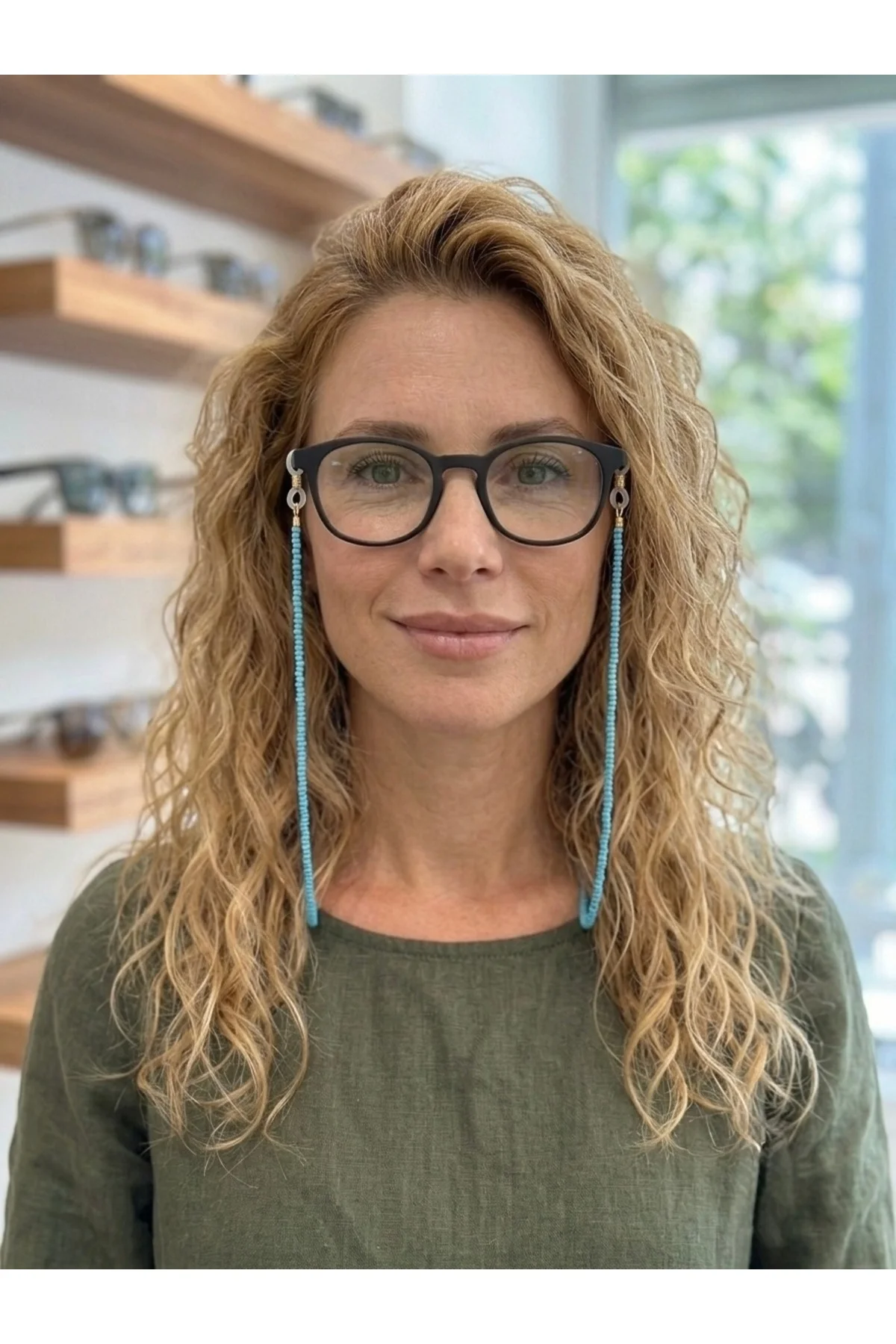 Bebek Mavi Kum Cam Boncuk Gözlük İpi Askısı 70 cm Optik Ve Güneş Gözlük Uyumlu