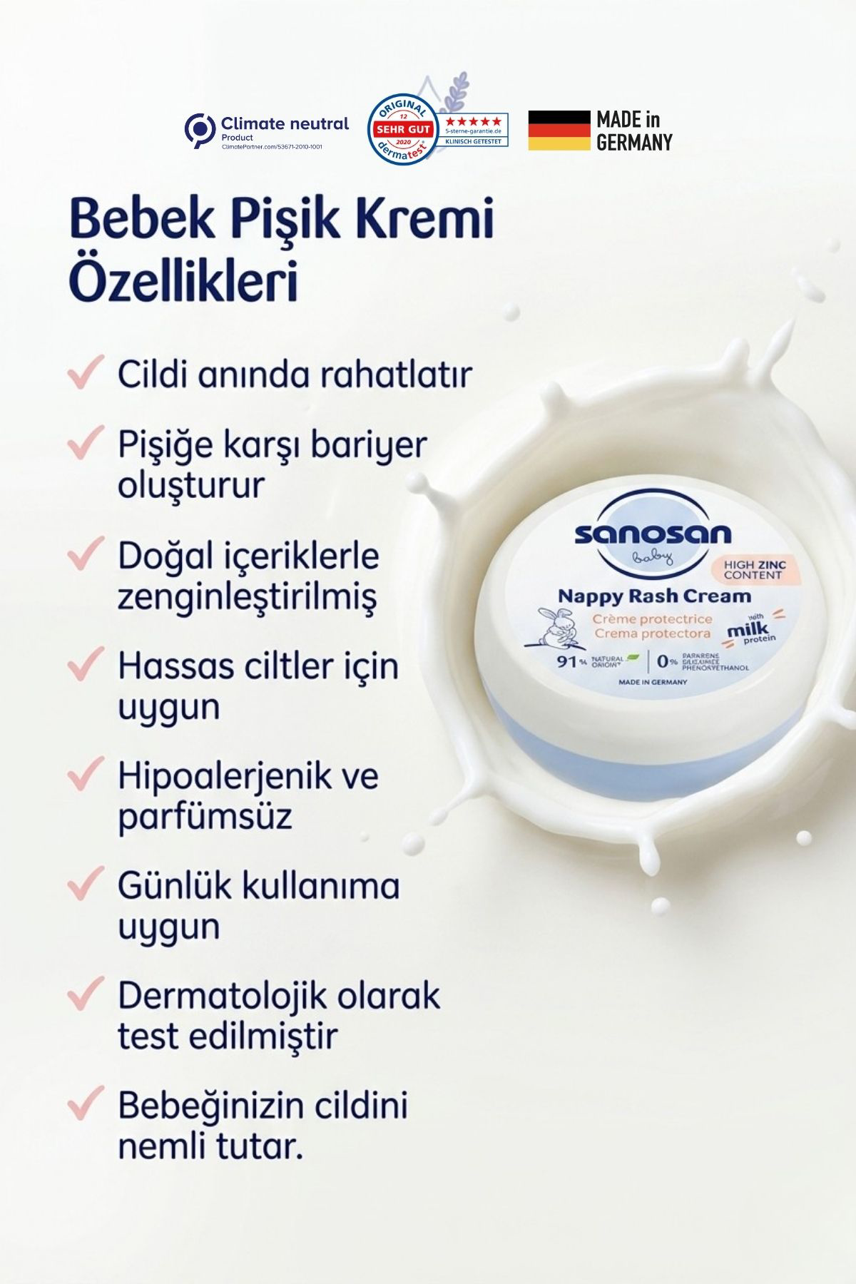 Bebek Pişik Önleyici Krem 150 ml – Yüksek Çinko ve Süt Proteinli Bariyer Koruyucu Bakım Kremi