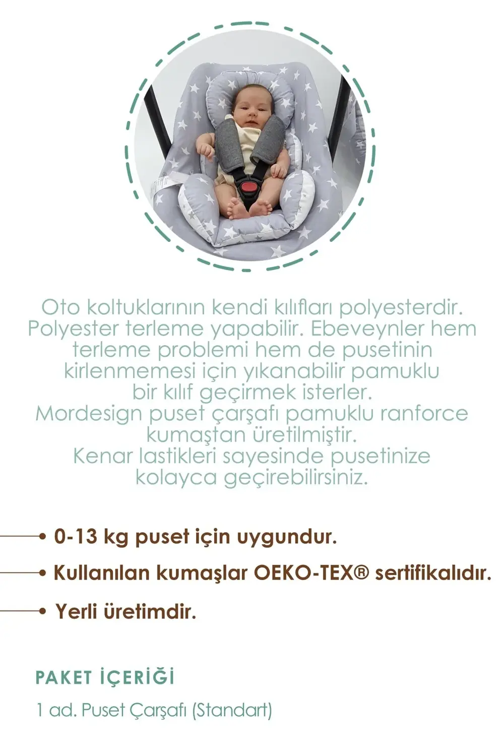 Mordesign Bebek Puset Çarşafı, %100 Pamuklu Kumaş, Animal Serisi