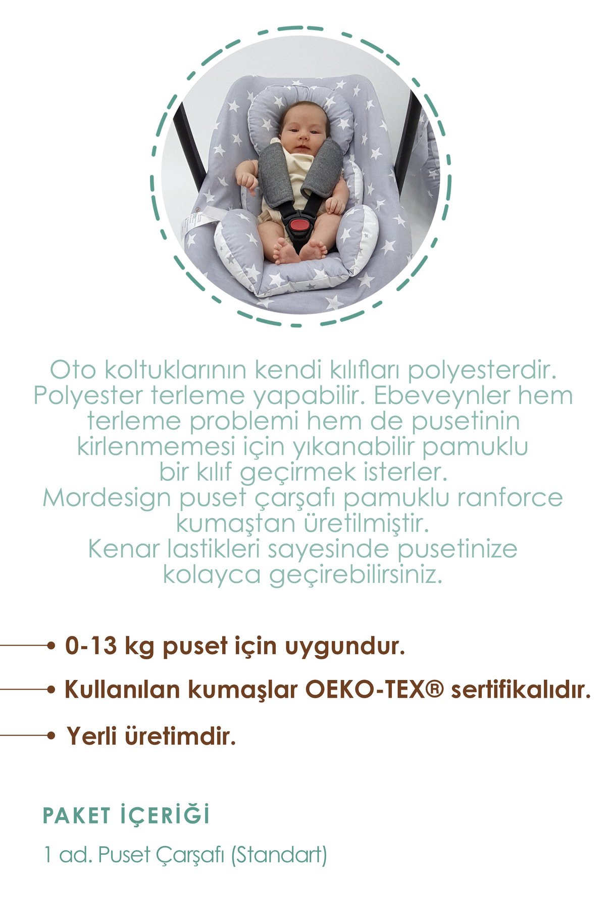 Mordesign Bebek Puset Çarşafı, %100 Pamuklu Kumaş, Animal Serisi