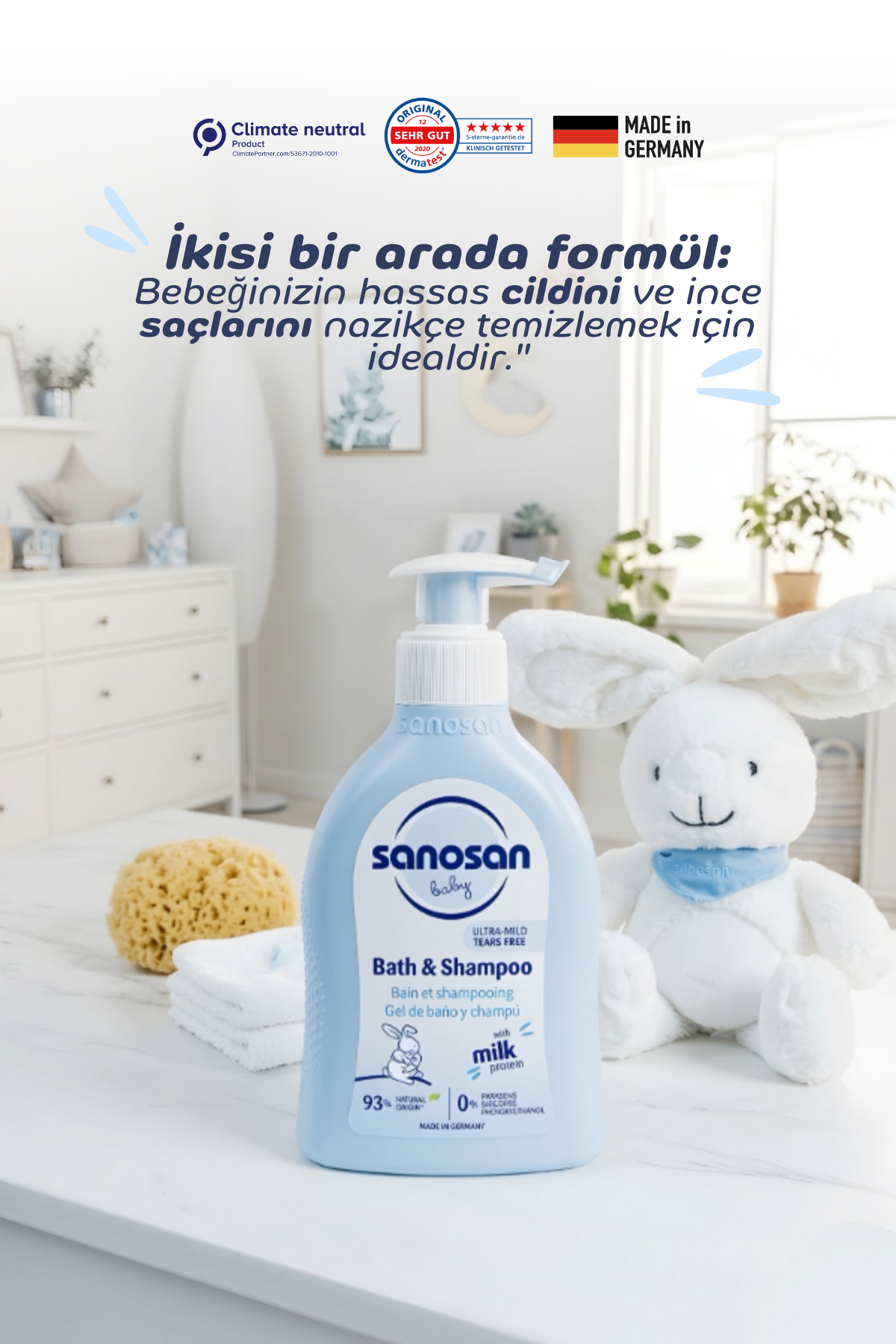 Bebek Şampuanı ve Duş Jeli 200 ml - Doğal Süt Proteinli Göz Yakmayan Nazik Bakım