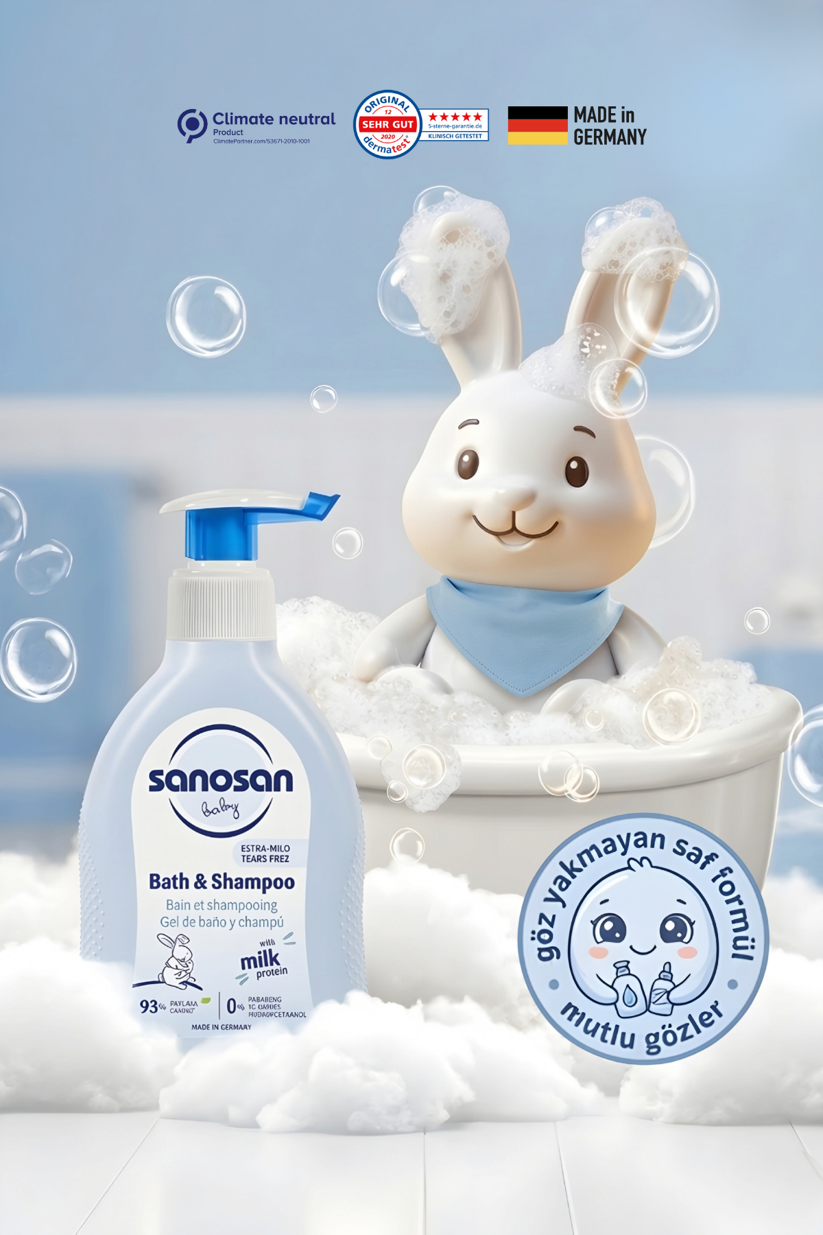 Bebek Şampuanı ve Duş Jeli 200 ml - Doğal Süt Proteinli Göz Yakmayan Nazik Bakım