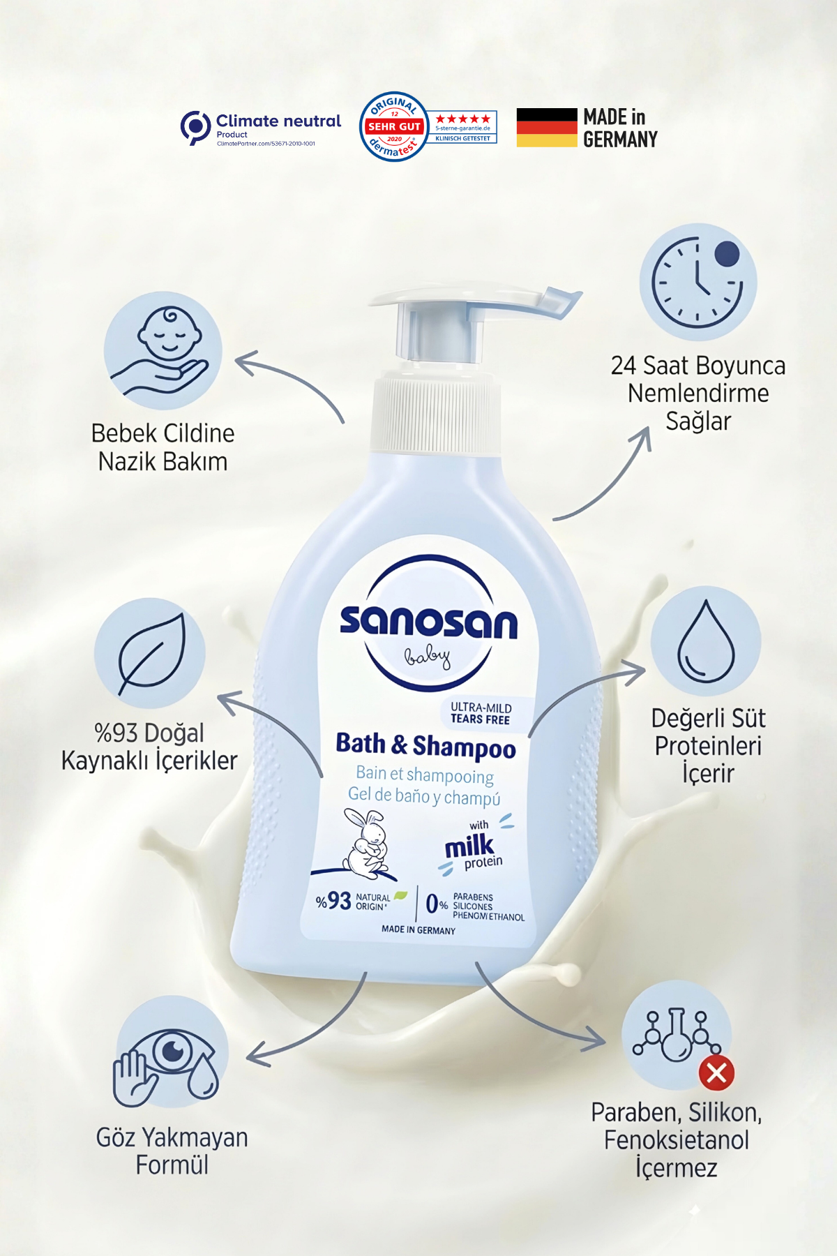 Bebek Şampuanı ve Duş Jeli 200 ml - Doğal Süt Proteinli Göz Yakmayan Nazik Bakım