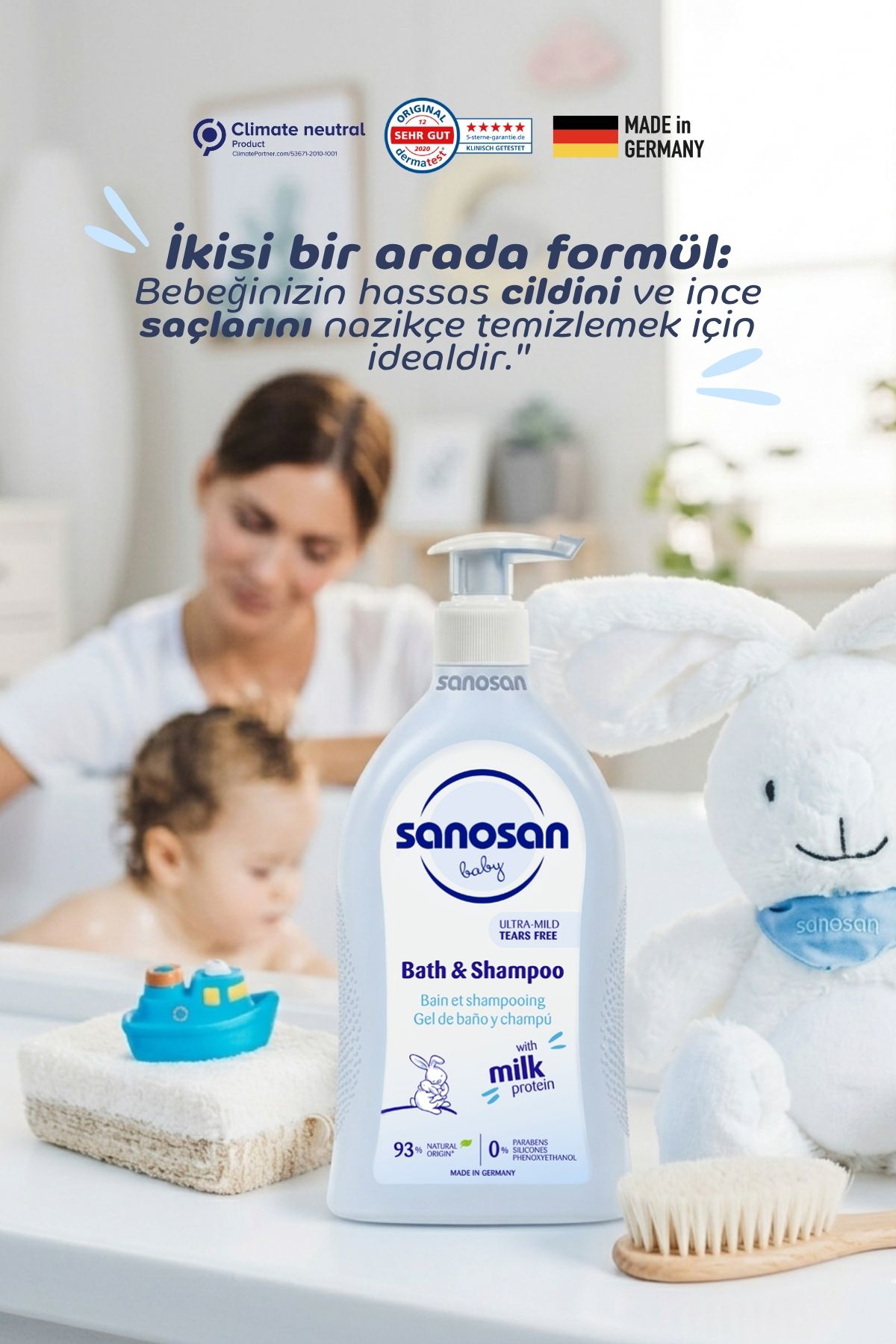 Bebek Şampuanı ve Duş Jeli 200 ml - Doğal Süt Proteinli Göz Yakmayan Nazik Bakım