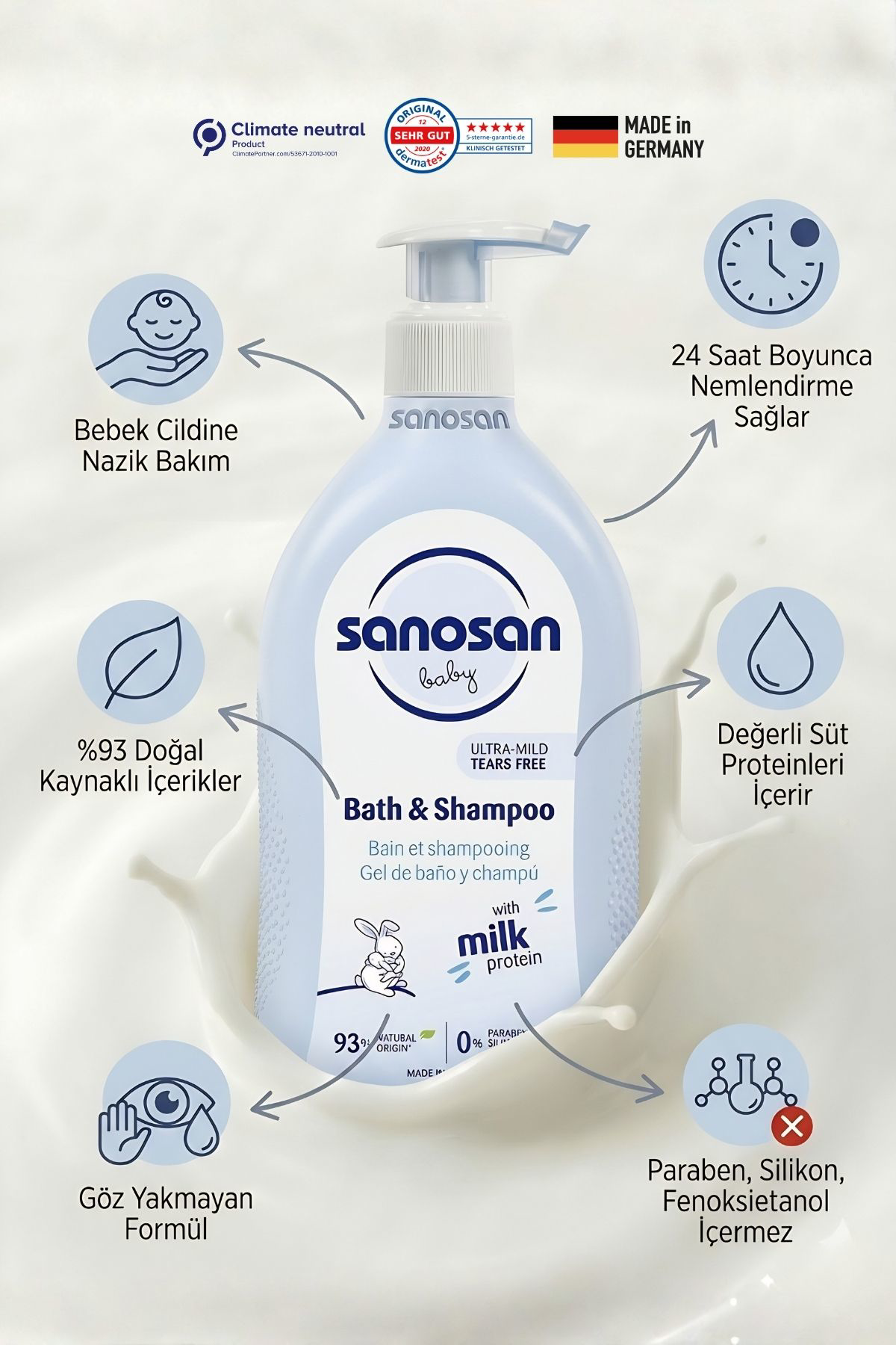 Bebek Şampuanı ve Duş Jeli 200 ml - Doğal Süt Proteinli Göz Yakmayan Nazik Bakım