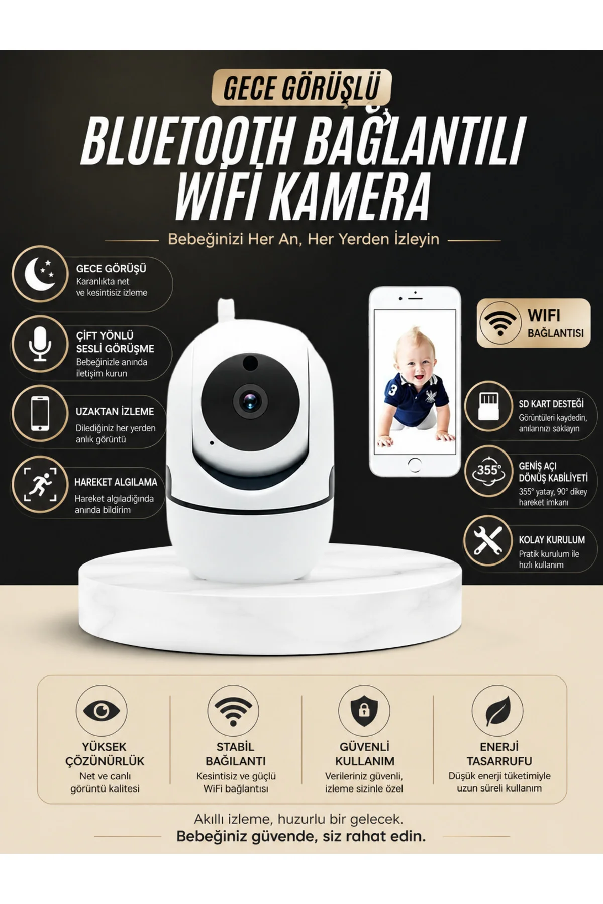 Bebek Takip Kamerası Gece Görüşlü WiFi Güvenlik Kamerası