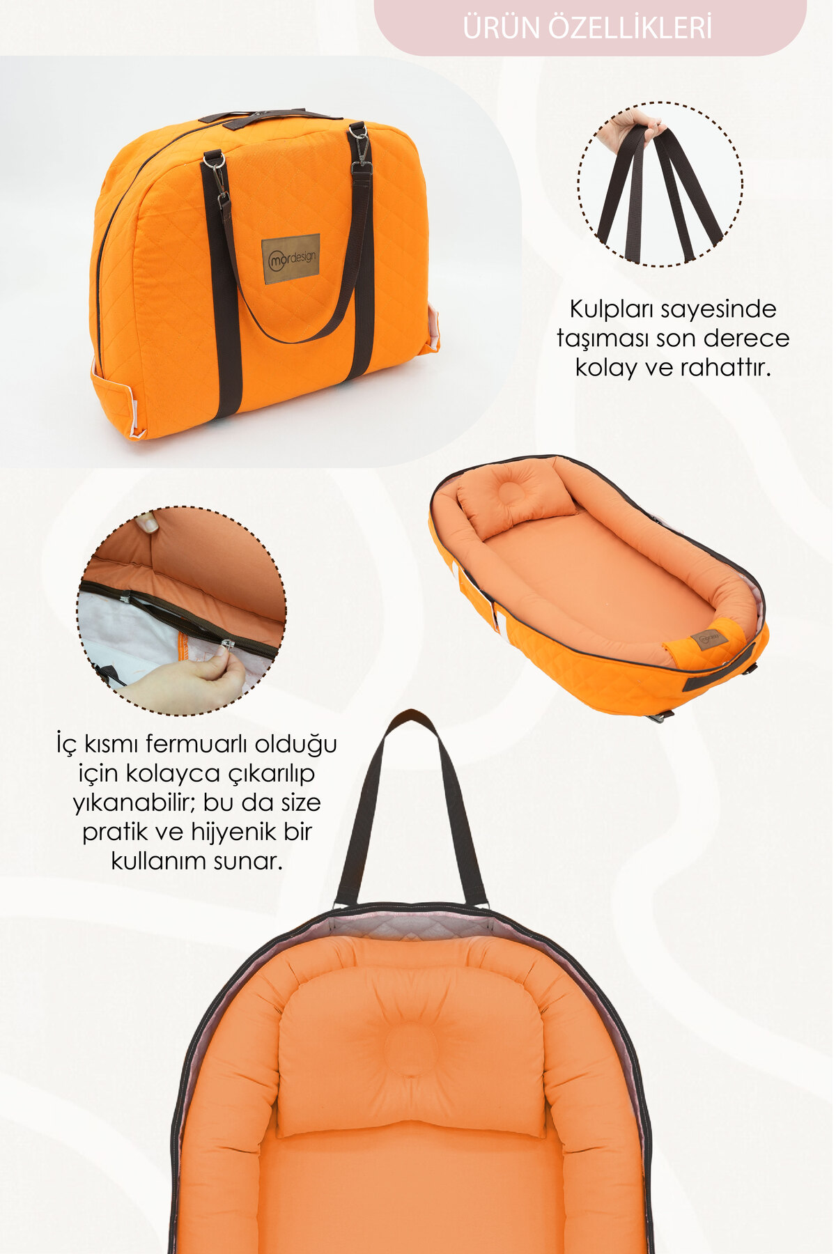 Mordesign Bebek Yataği, Babynest, 0-24 Ay Kullanim, Baş Yastikli Kanvas Kil