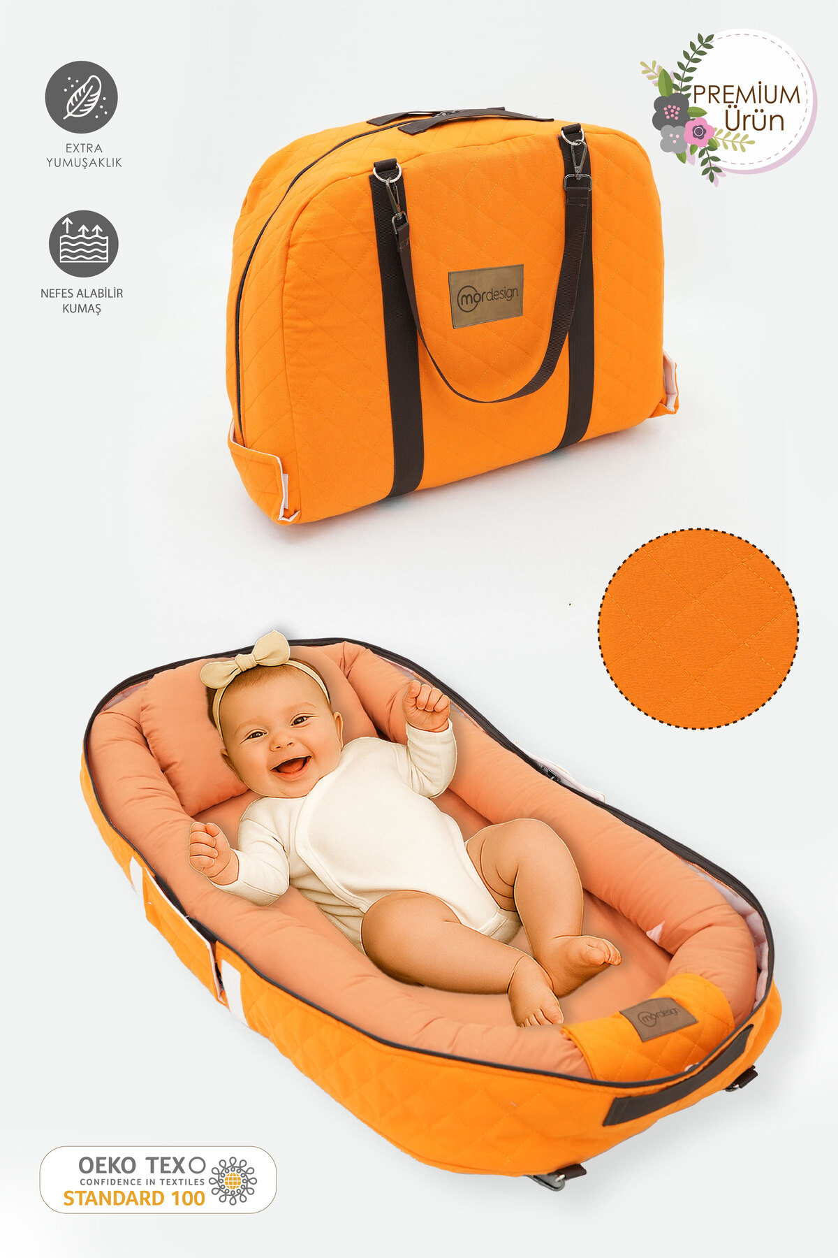 Mordesign Bebek Yataği, Babynest, 0-24 Ay Kullanim, Baş Yastikli Kanvas Kil