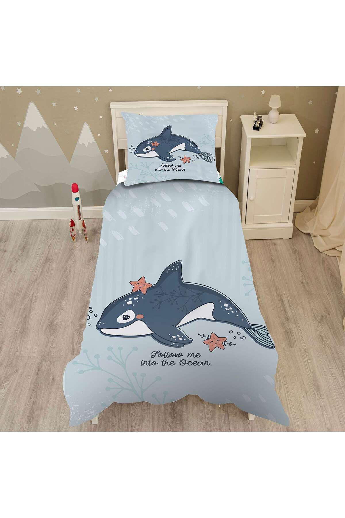 Evan Home Bebek Yunus Desenli Çocuk Odası Takım Perde (İki Kanat),Yatak Örtüsü,Yastık,Kırlent ,Halı,