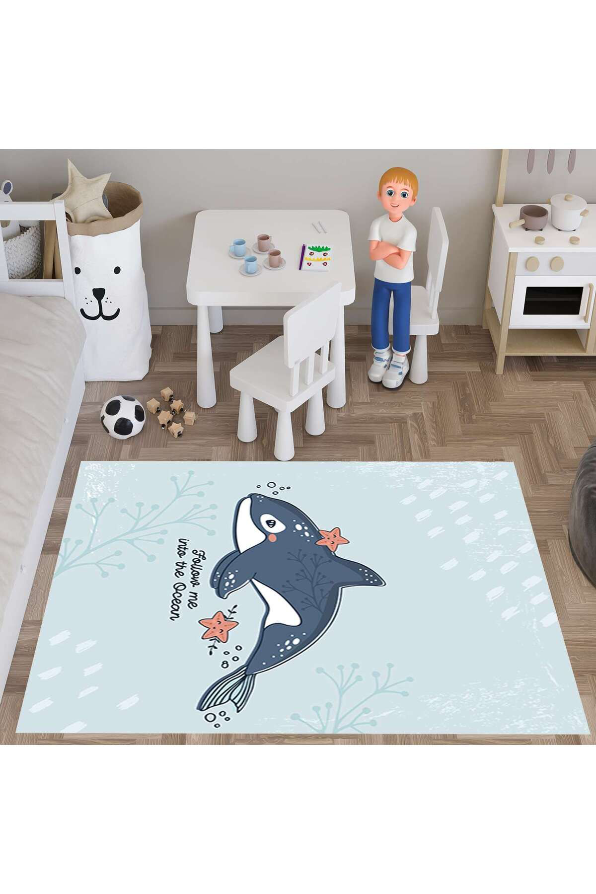 Evan Home Bebek Yunus Desenli Çocuk Odası Takım Perde (İki Kanat),Yatak Örtüsü,Yastık,Kırlent ,Halı,