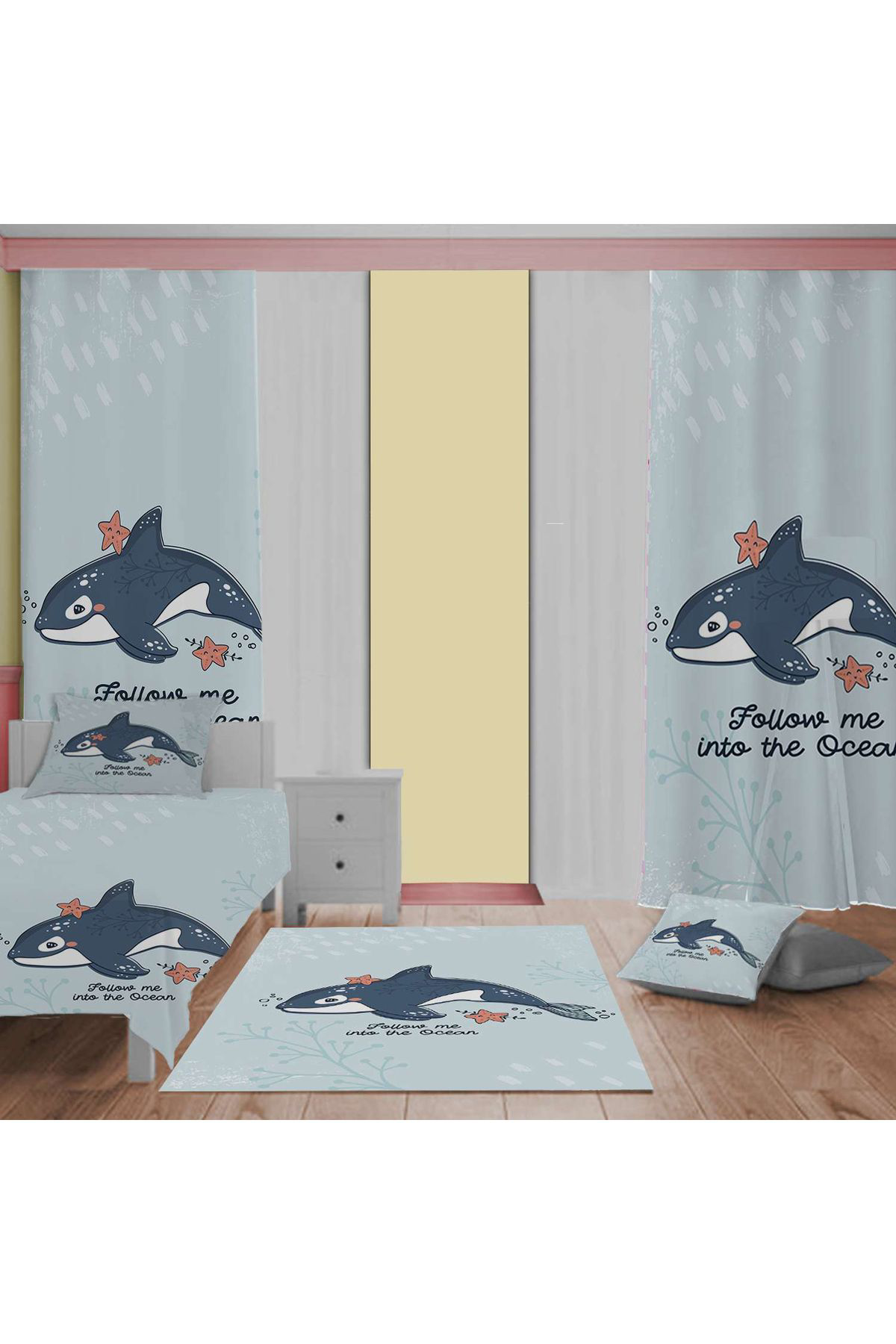 Evan Home Bebek Yunus Desenli Çocuk Odası Takım Perde (İki Kanat),Yatak Örtüsü,Yastık,Kırlent ,Halı,