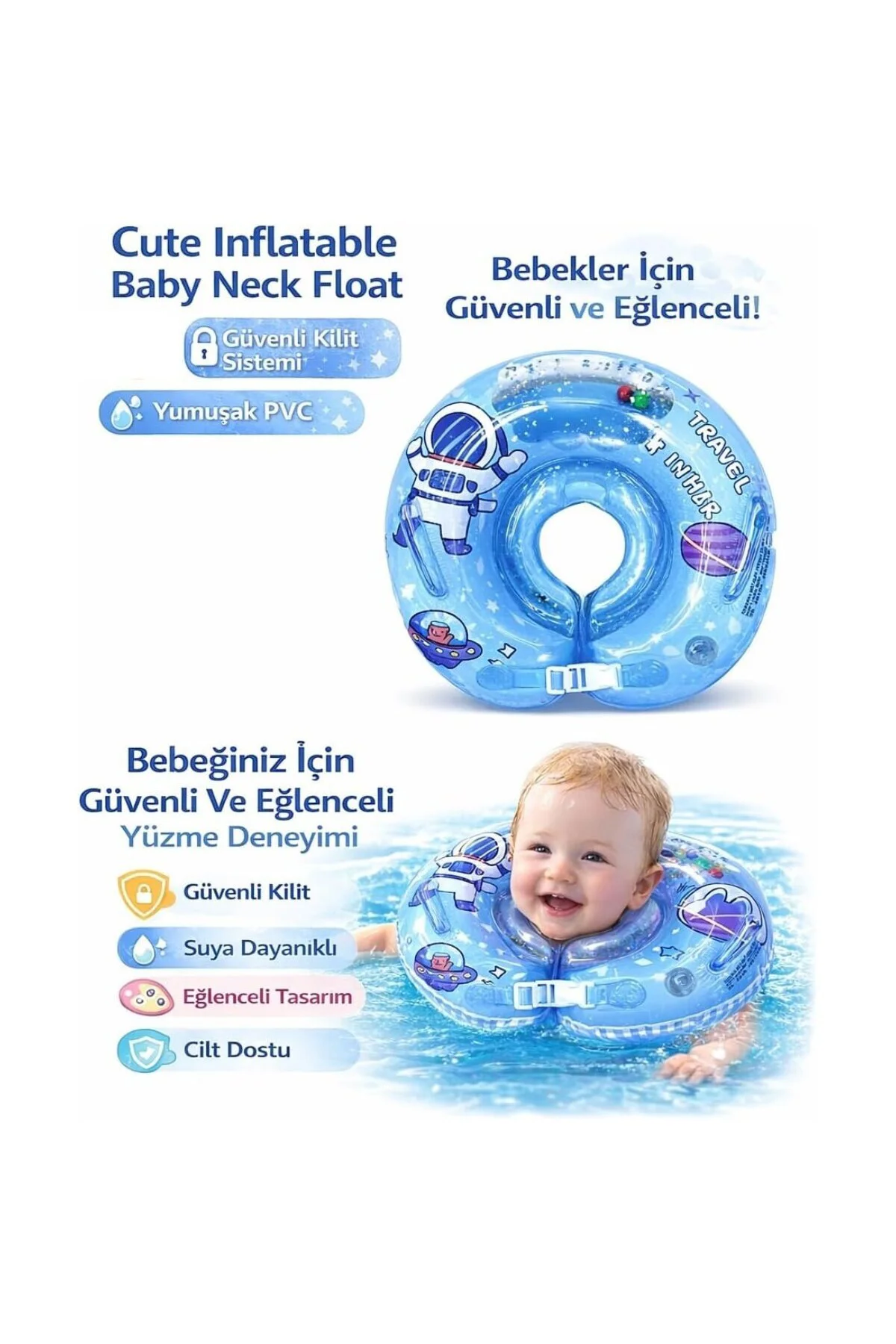 Bebek Yüzme Boyun Simidi 40cm Güvenlik Kilitli Havuz Deniz Simiti