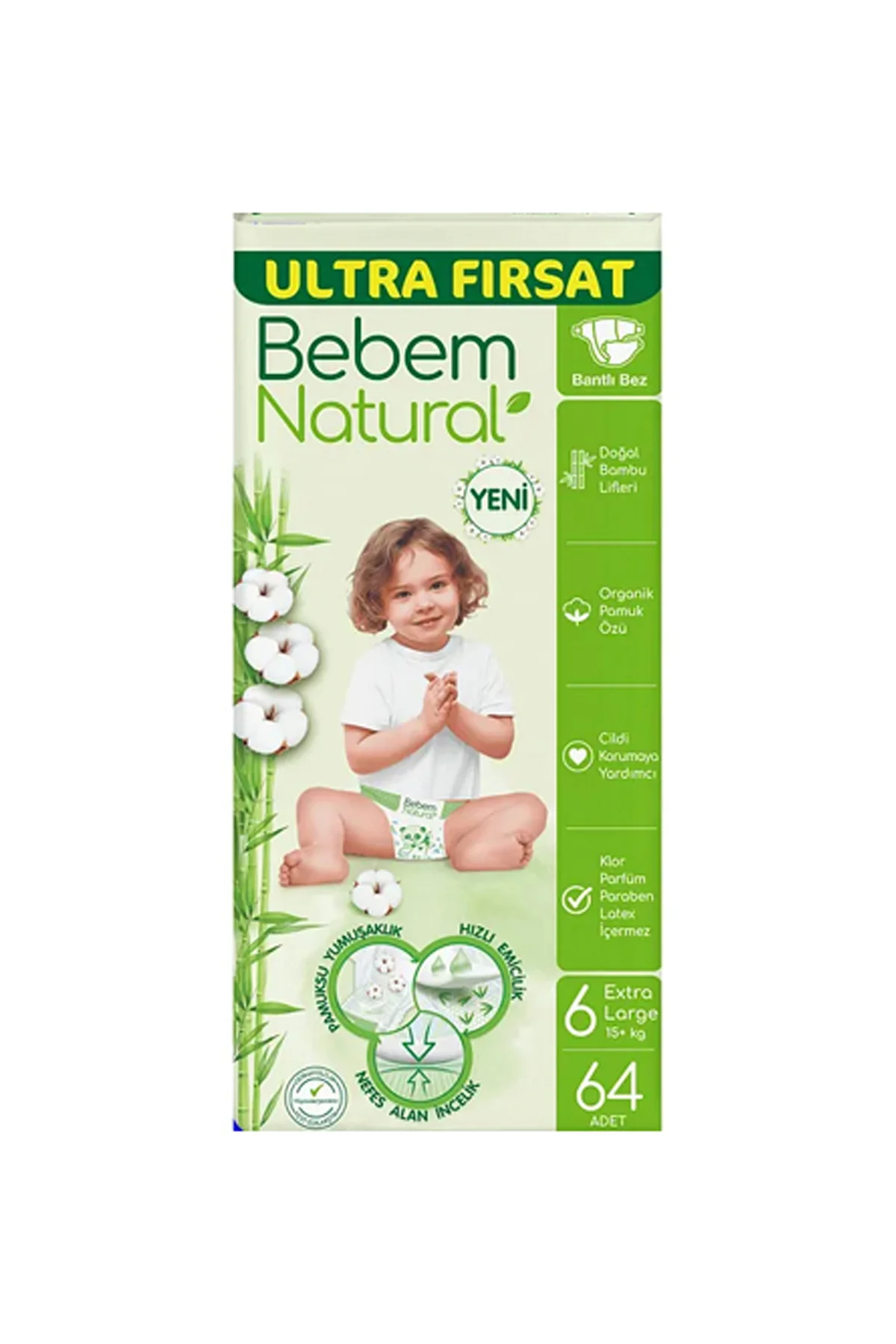 BEBEMNatural 6 Numara Ekstra Large 64'lü Bebek Bezi