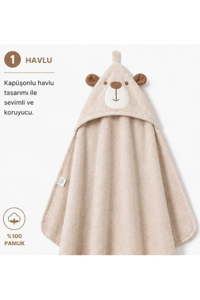 Bebessi %100 Pamuk Big Bear 3'lü Bornoz Seti Bej BBS.4152.BEJ