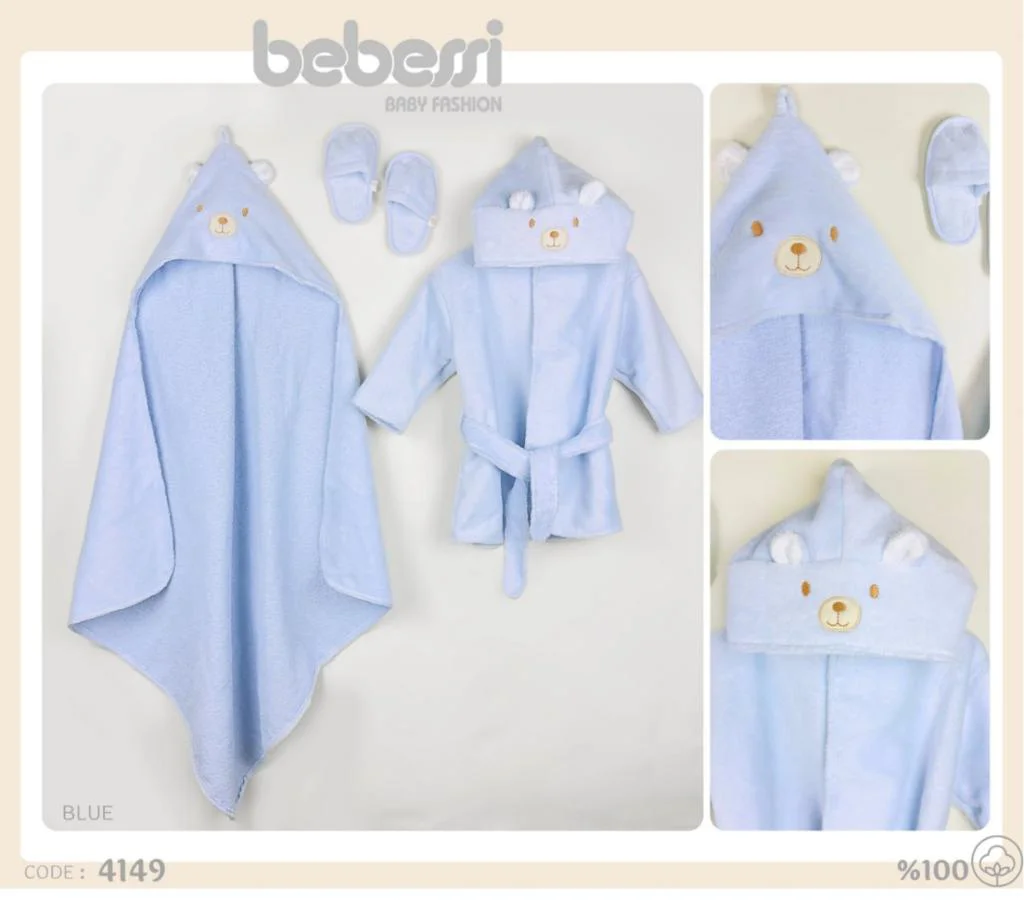 Bebessi %100 Pamuk Big Bear 3'lü Bornoz Seti Mavi BBS.4149.MAV