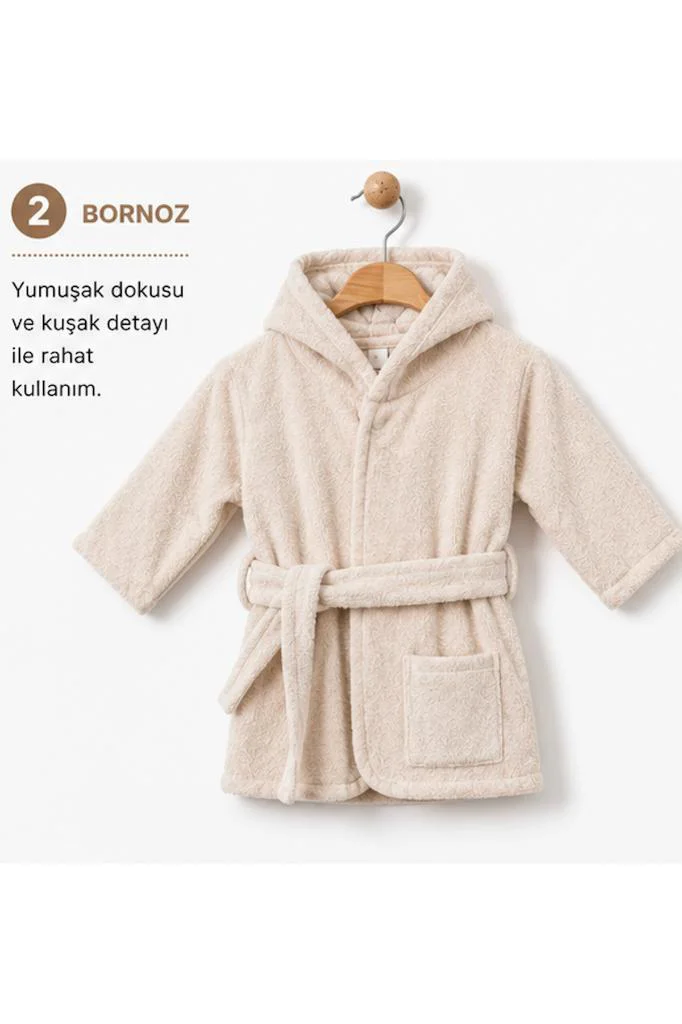 Bebessi %100 Pamuk Big Bear 3'lü Bornoz Seti Bej BBS.4152.BEJ