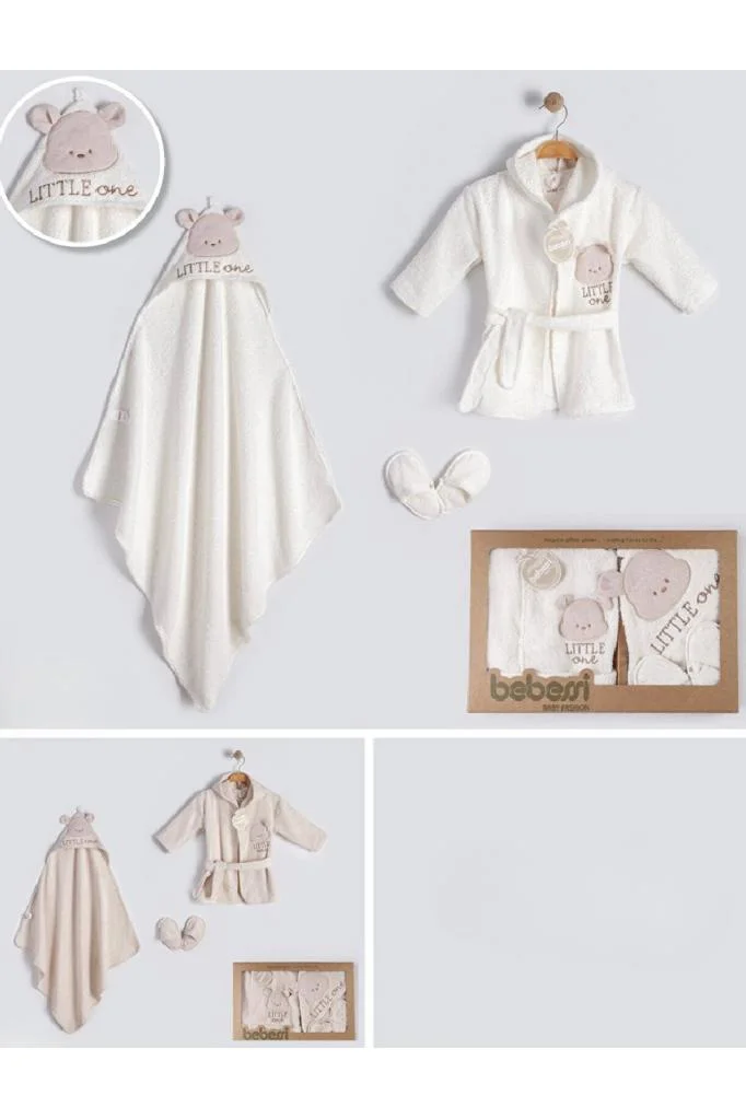 Bebessi %100 Pamuk Little Bear Bornoz Set Ekru BBS.4183.EKR