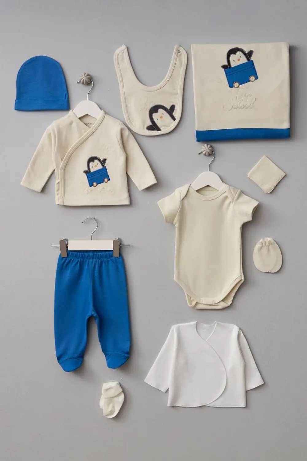 Bebitof %100 Pamuk Arabalı Penguen Desenli 10 Parça Kutulu Yenido