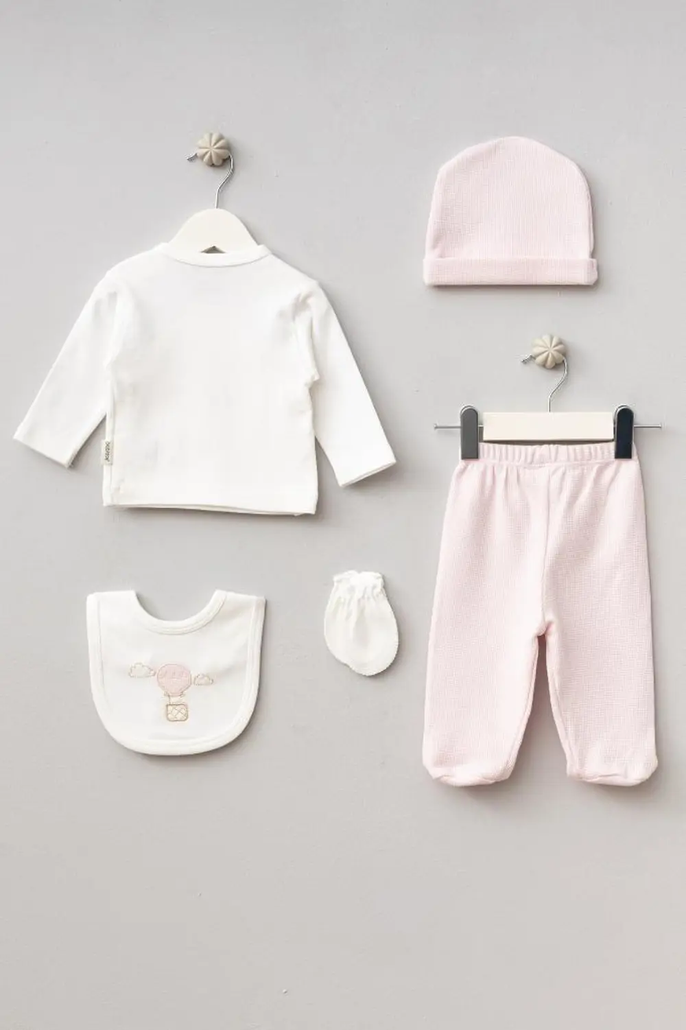 Bebitof %100 Pamuk Balonlu Tavşan Desenli 5 Parça Yenidoğan Hasta