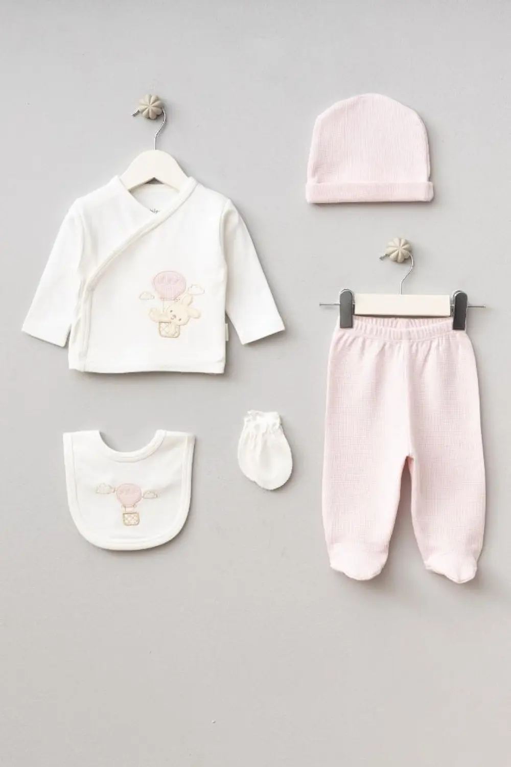 Bebitof %100 Pamuk Balonlu Tavşan Desenli 5 Parça Yenidoğan Hasta