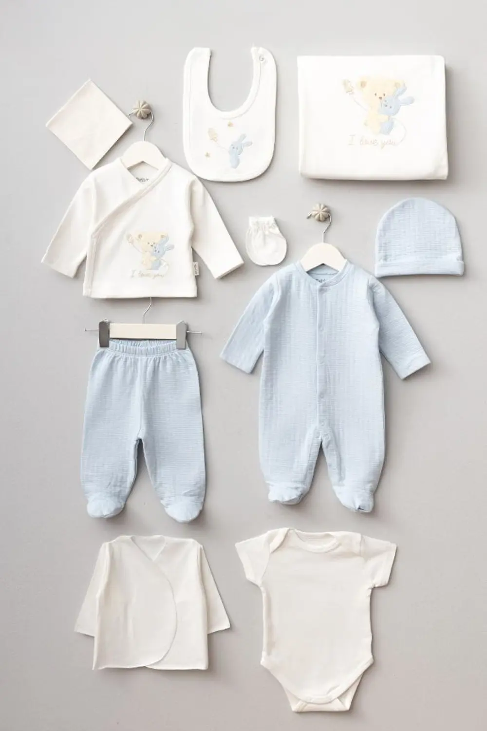 Bebitof %100 Pamuk Sarılan Ayıcık Desenli 10 Parça Kutulu Yenidoğ