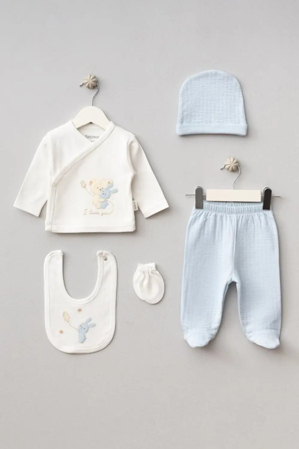 Bebitof %100 Pamuk Sarılan Ayıcık Desenli 5 Parça Yenidoğan Hasta