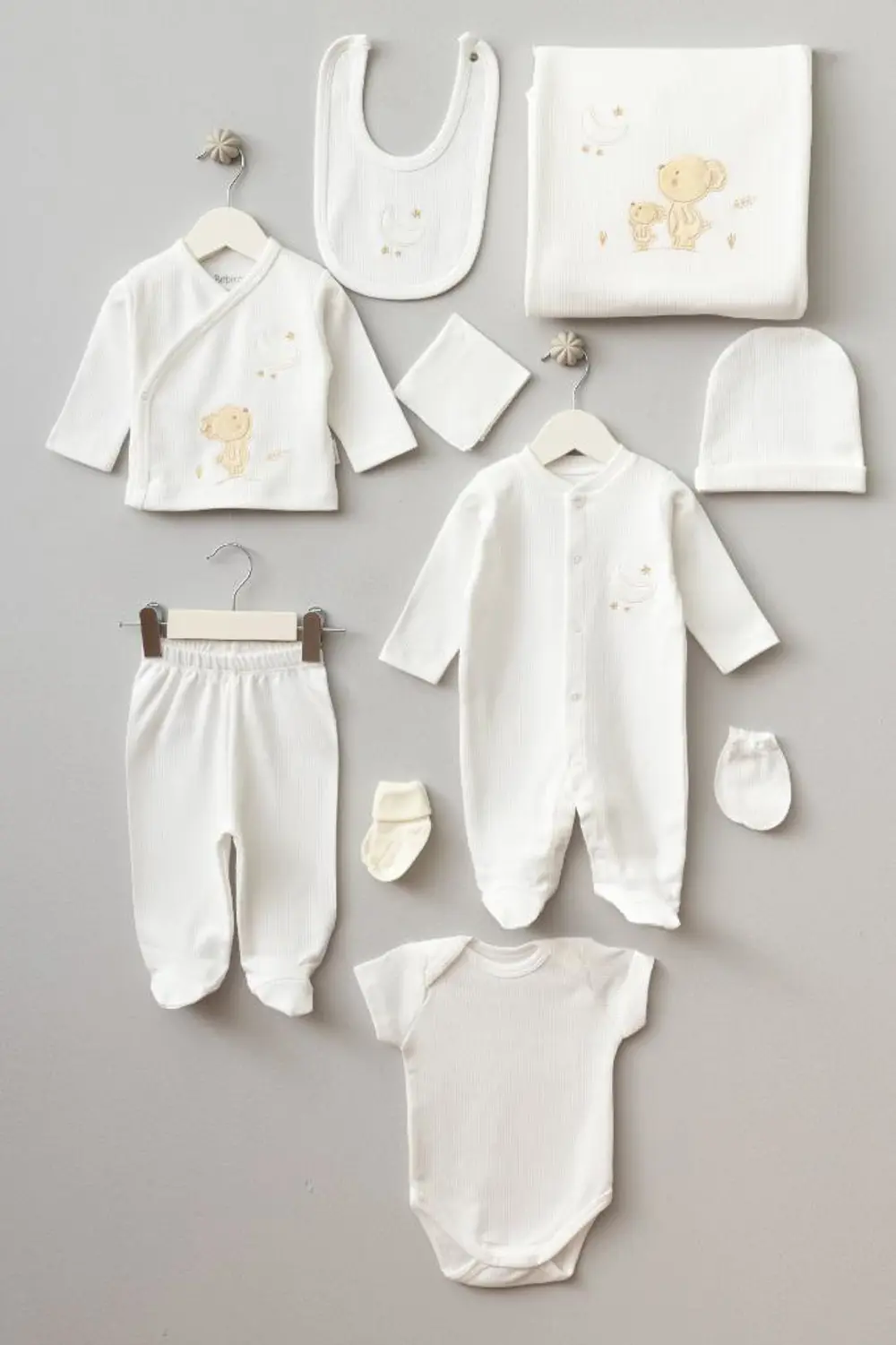 Bebitof %100 Pamuk Sevimli Ay ve Ayıcık Desenli 10 Parça Kutulu Y