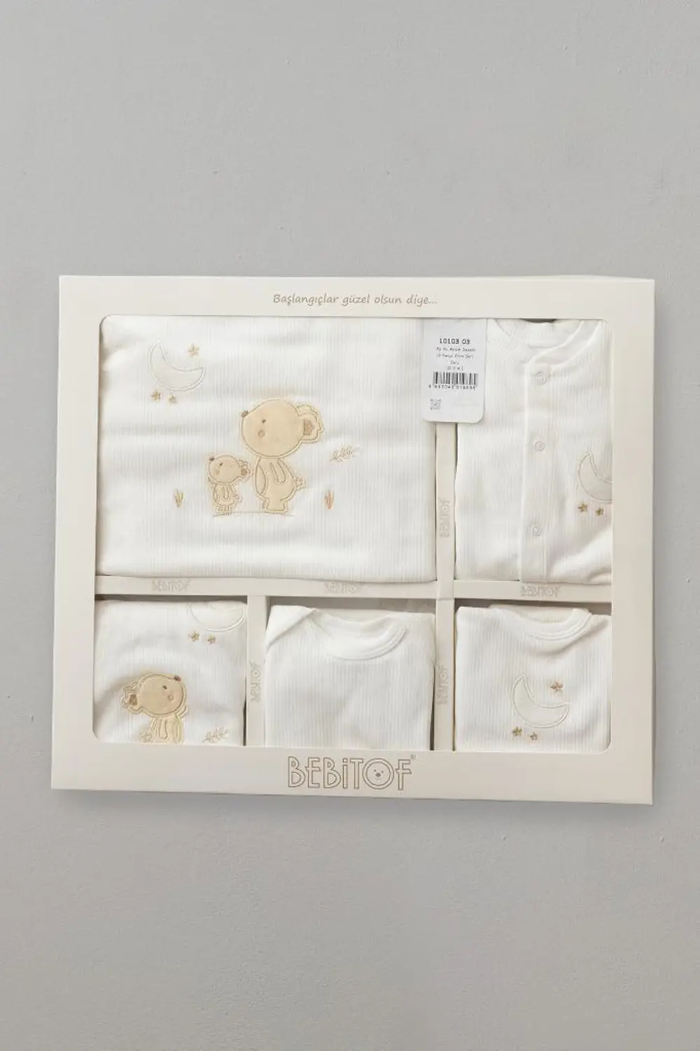 Bebitof %100 Pamuk Sevimli Ay ve Ayıcık Desenli 10 Parça Kutulu Y